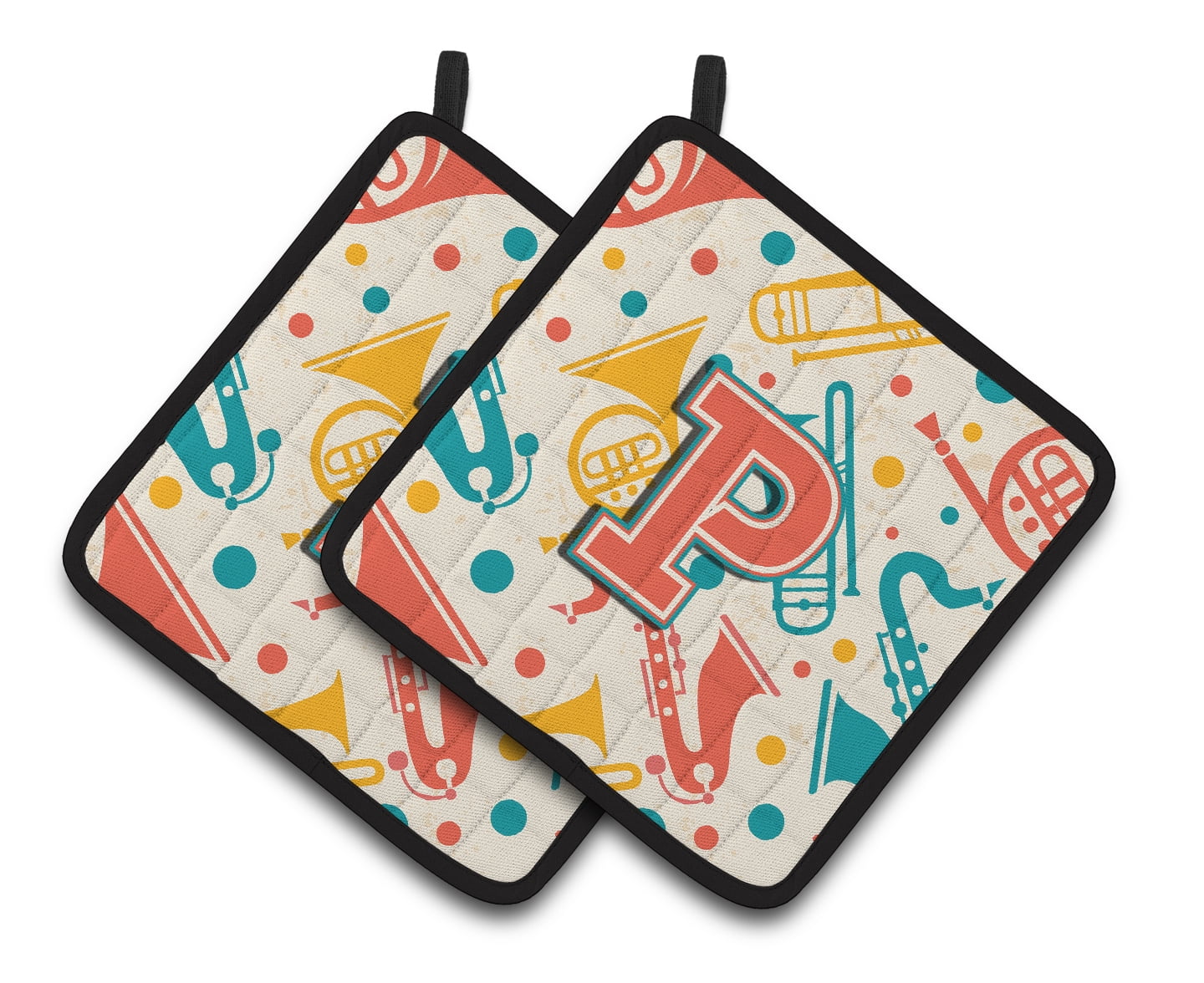 Letter P Retro Teal Orange Musical Instruments Initial Pair of Pot Holders