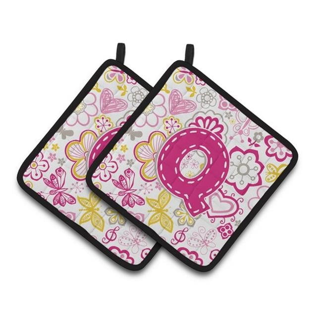 Letter Q Flowers and Butterflies Pink Pair of Pot Holders