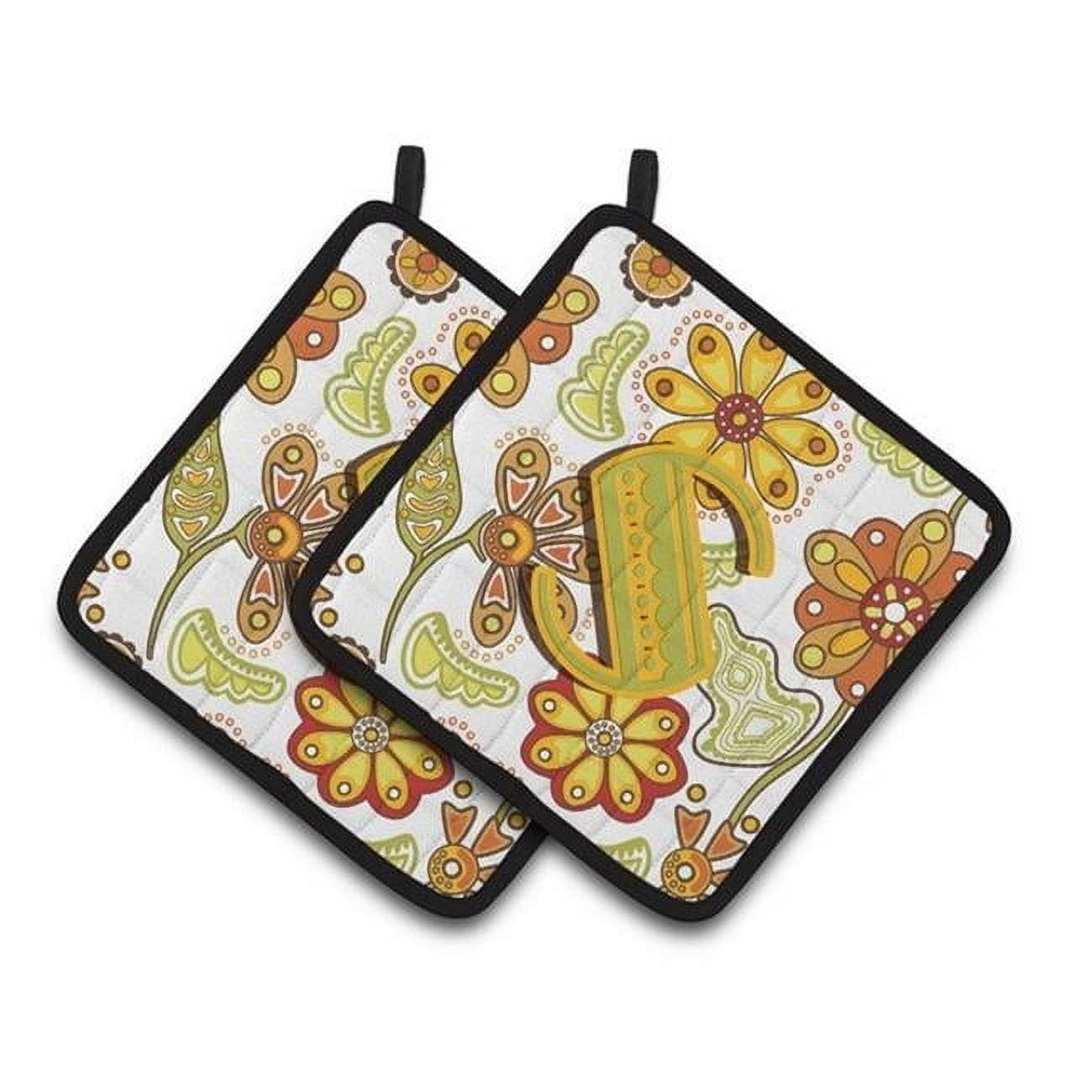 Letter S Floral Mustard and Green Pair of Pot Holders