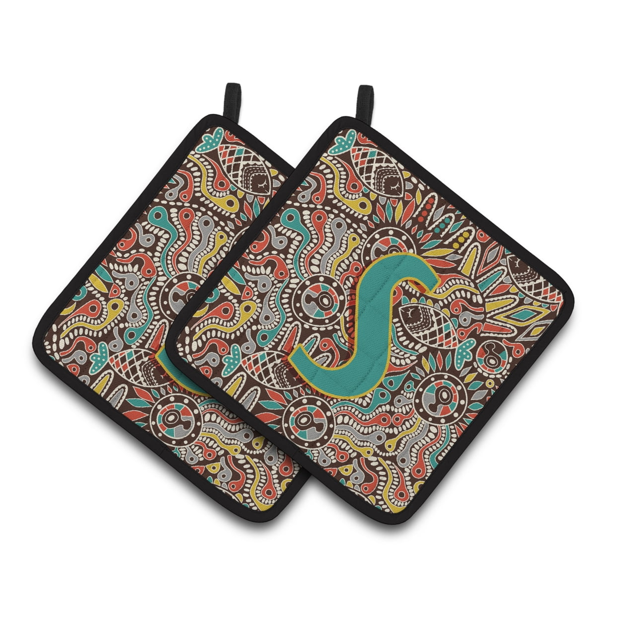 Letter S Retro Tribal Alphabet Initial Pair of Pot Holders