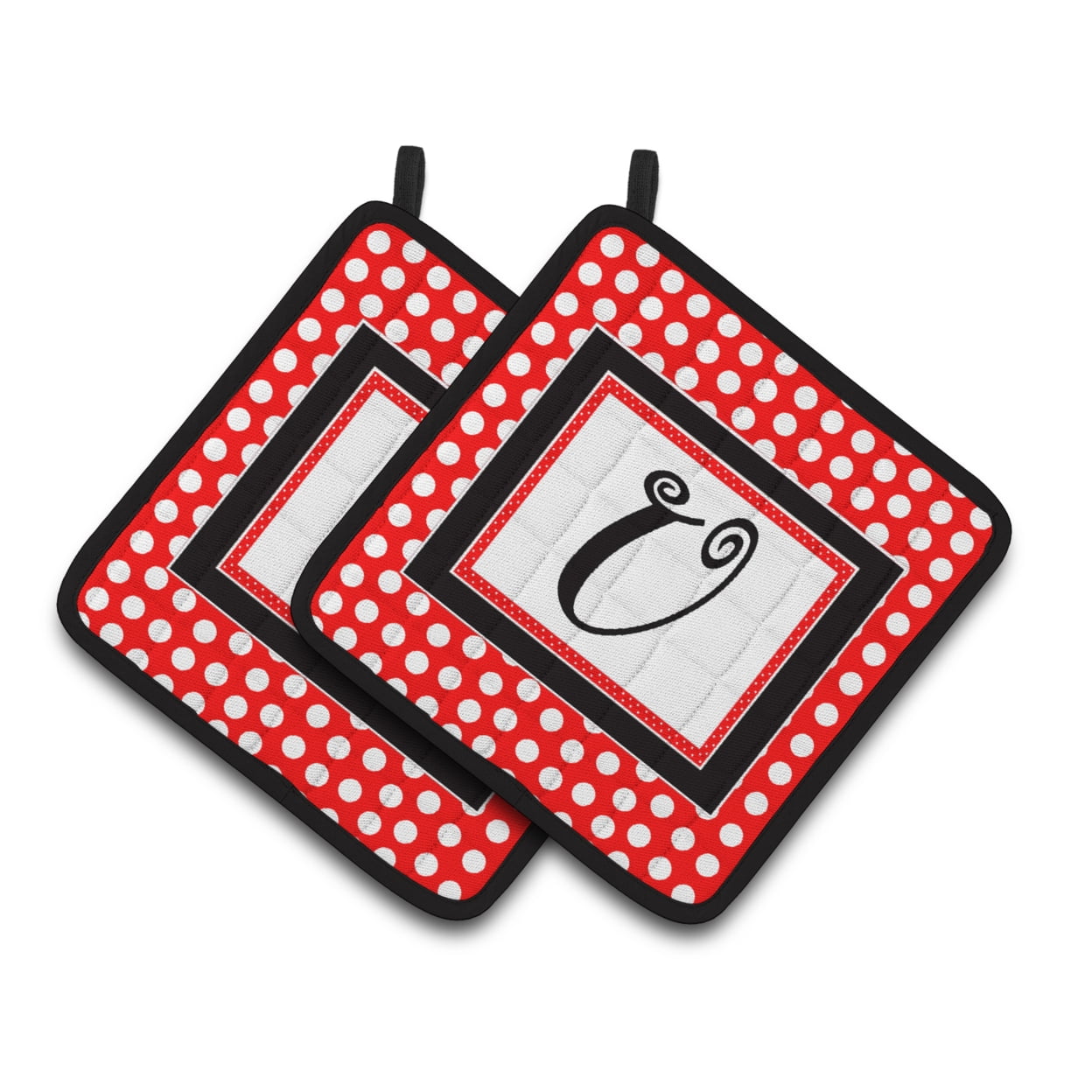 Letter U Initial - Red Black Polka Dots Pair of Pot Holders