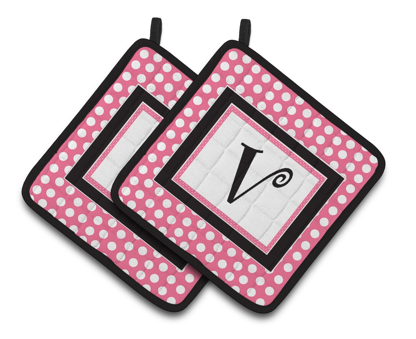Letter V Monogram - Pink Black Polka Dots Pair of Pot Holders