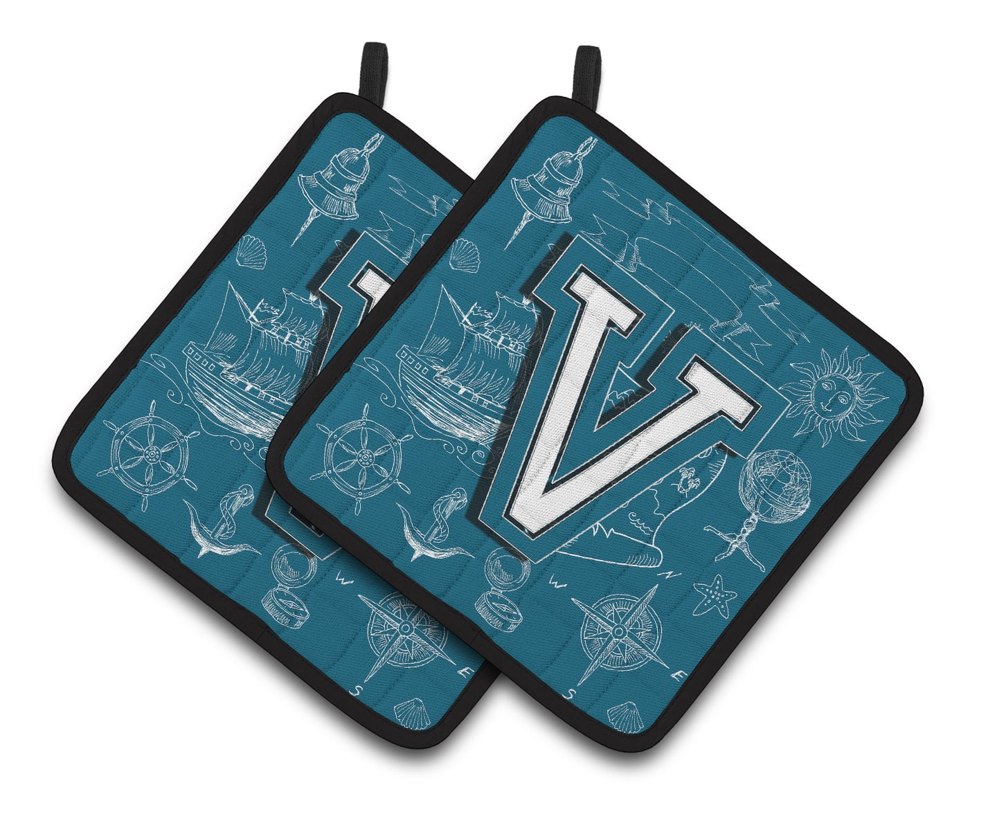 Letter V Sea Doodles Initial Alphabet Pair of Pot Holders