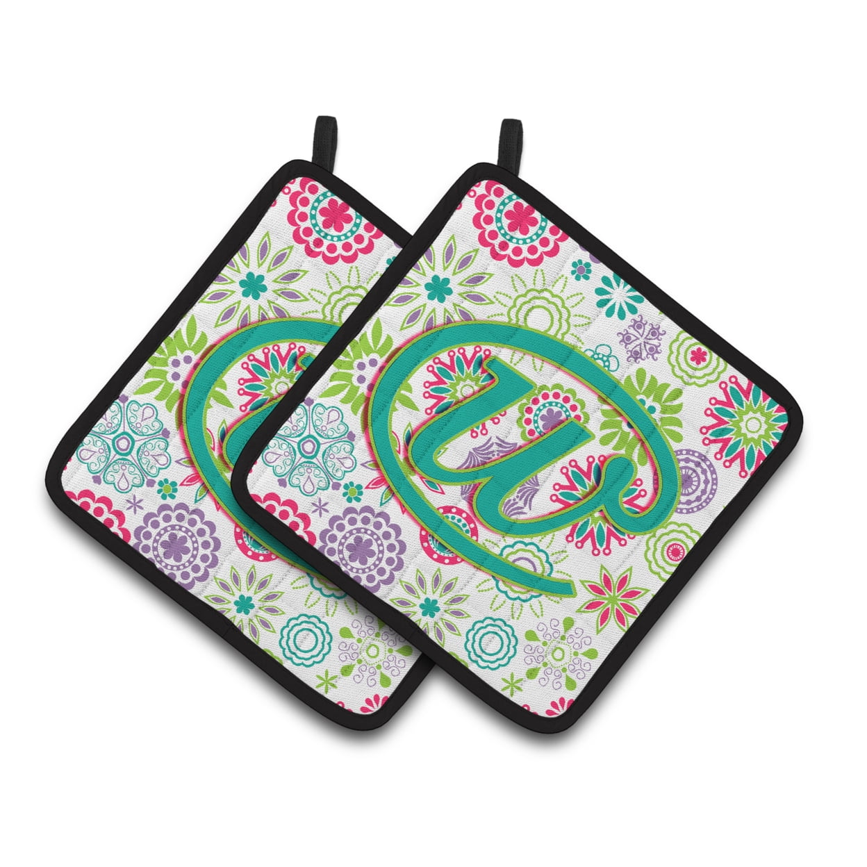 Letter W Flowers Pink Teal Green Initial Pair of Pot Holders