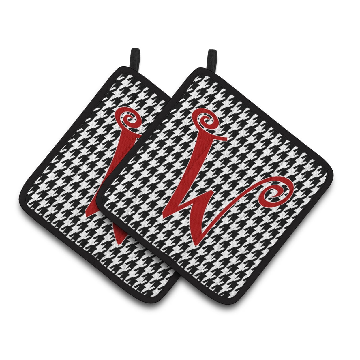 Letter W Initial Monogram - Houndstooth Black Pair of Pot Holders