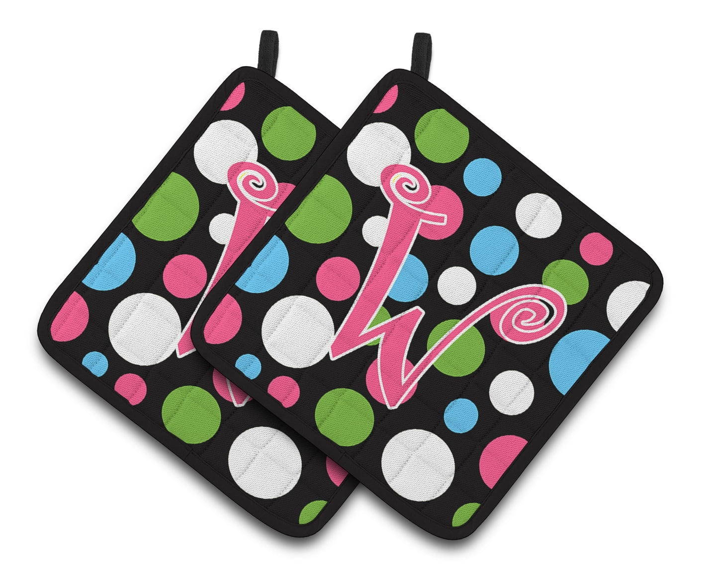Letter W Initial Monogram - Polkadots and Pink Pair of Pot Holders