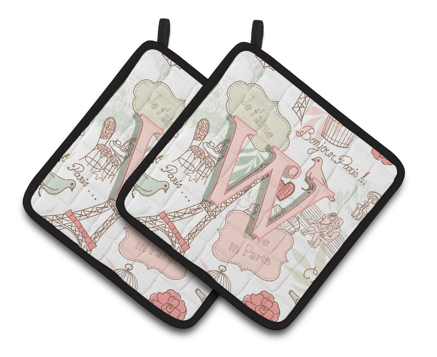 Letter W Love in Paris Pink Pair of Pot Holders