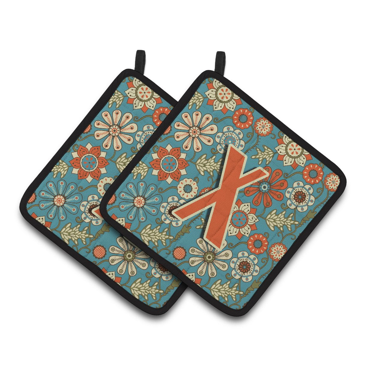 Letter X Flowers Retro Blue Pair of Pot Holders