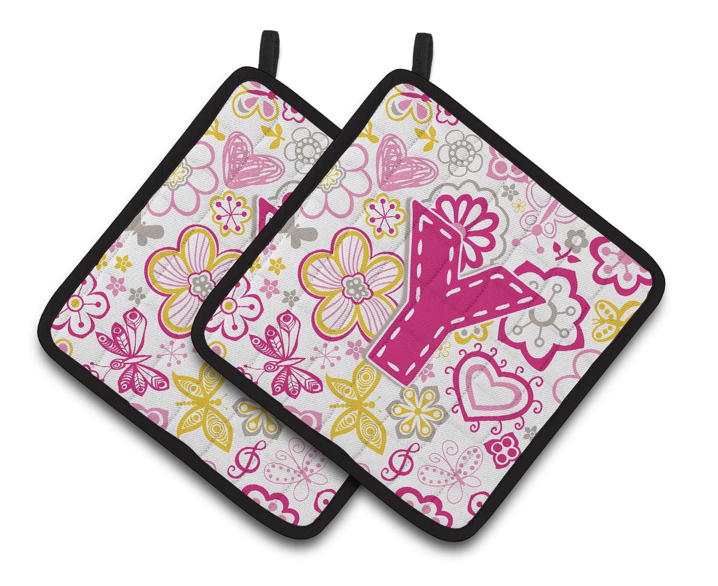 Letter Y Flowers and Butterflies Pink Pair of Pot Holders