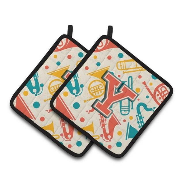 Letter Y Retro Teal Orange Musical Instruments Initial Pair of Pot Holders