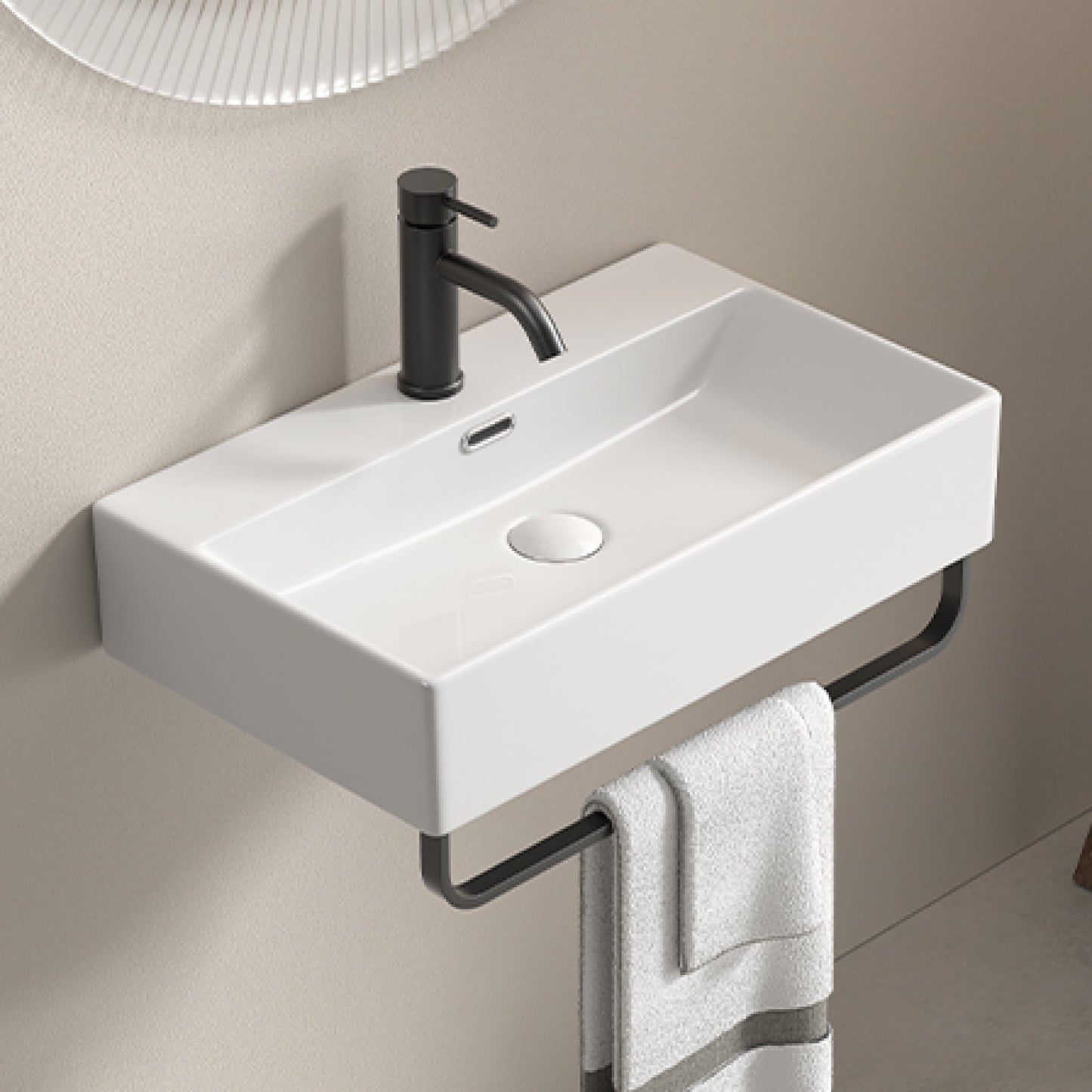 Leumius 23.63" x 14.18" White Ceramic Bathroom Sink with Towel Rack,Bathroom Vessel Sink Wall Mount Basin Vanity Sink