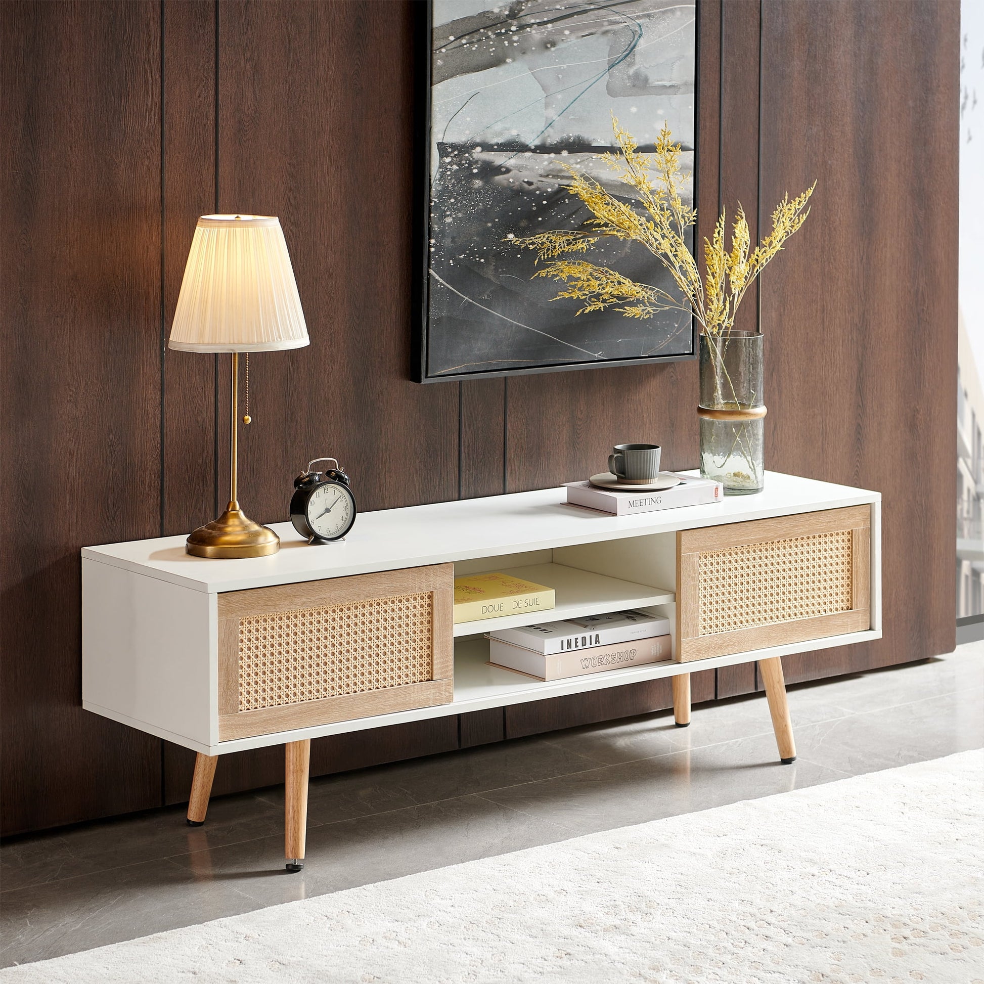 Leumius 55 Inch Rattan Coffee Table with Sliding Storage Door, Rectangle Wooden Accent Center Sofa Table with Solid Wood Legs,Suitable for Living Room,White