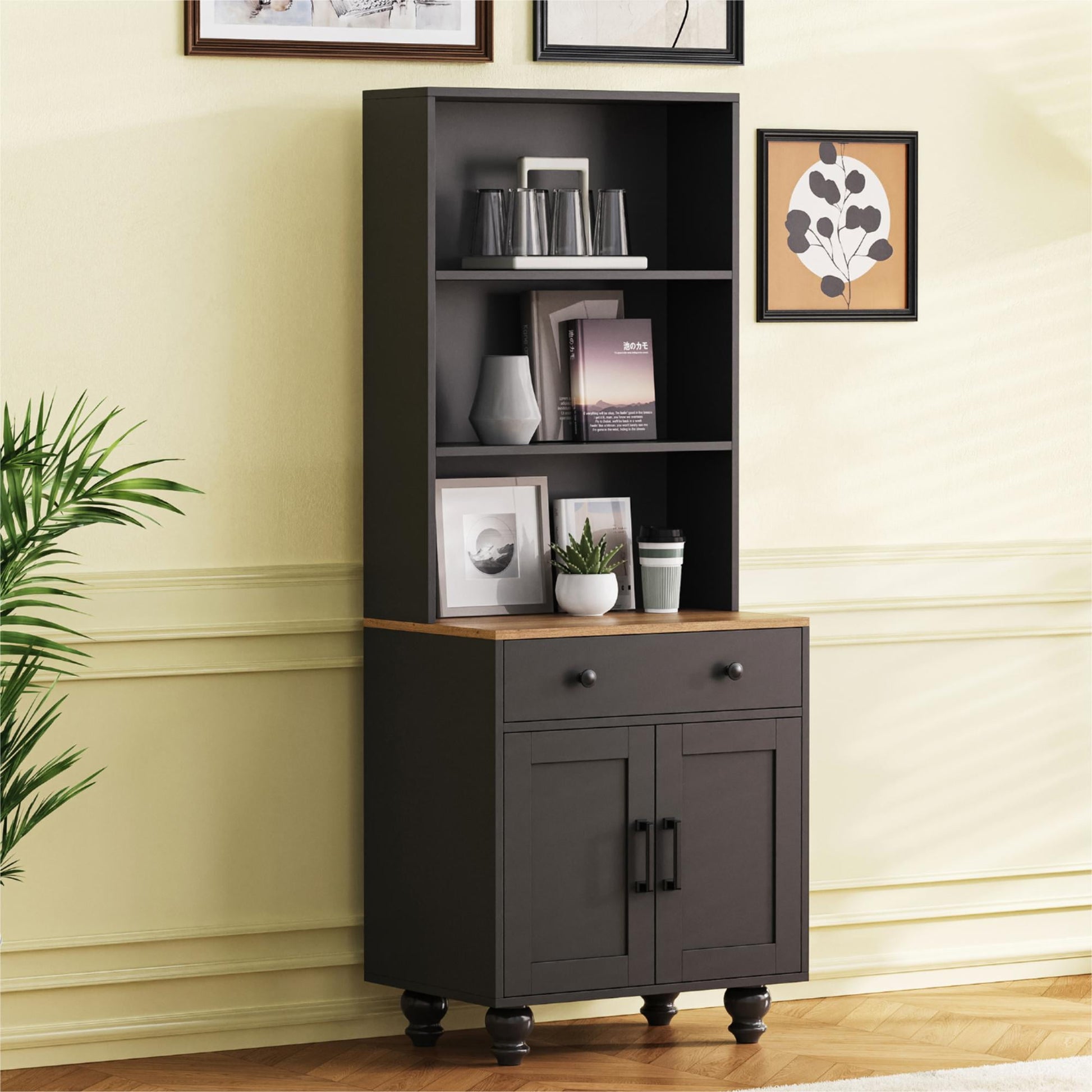 Leumius 63" Farmhouse Tall Kitchen Pantry,5 Layers Storage Cabinet with Adjustable Shelves,Modern Pantry Cabinet with Drawer for Kitchen, Dining Room, Bathroom, Living Room,Black