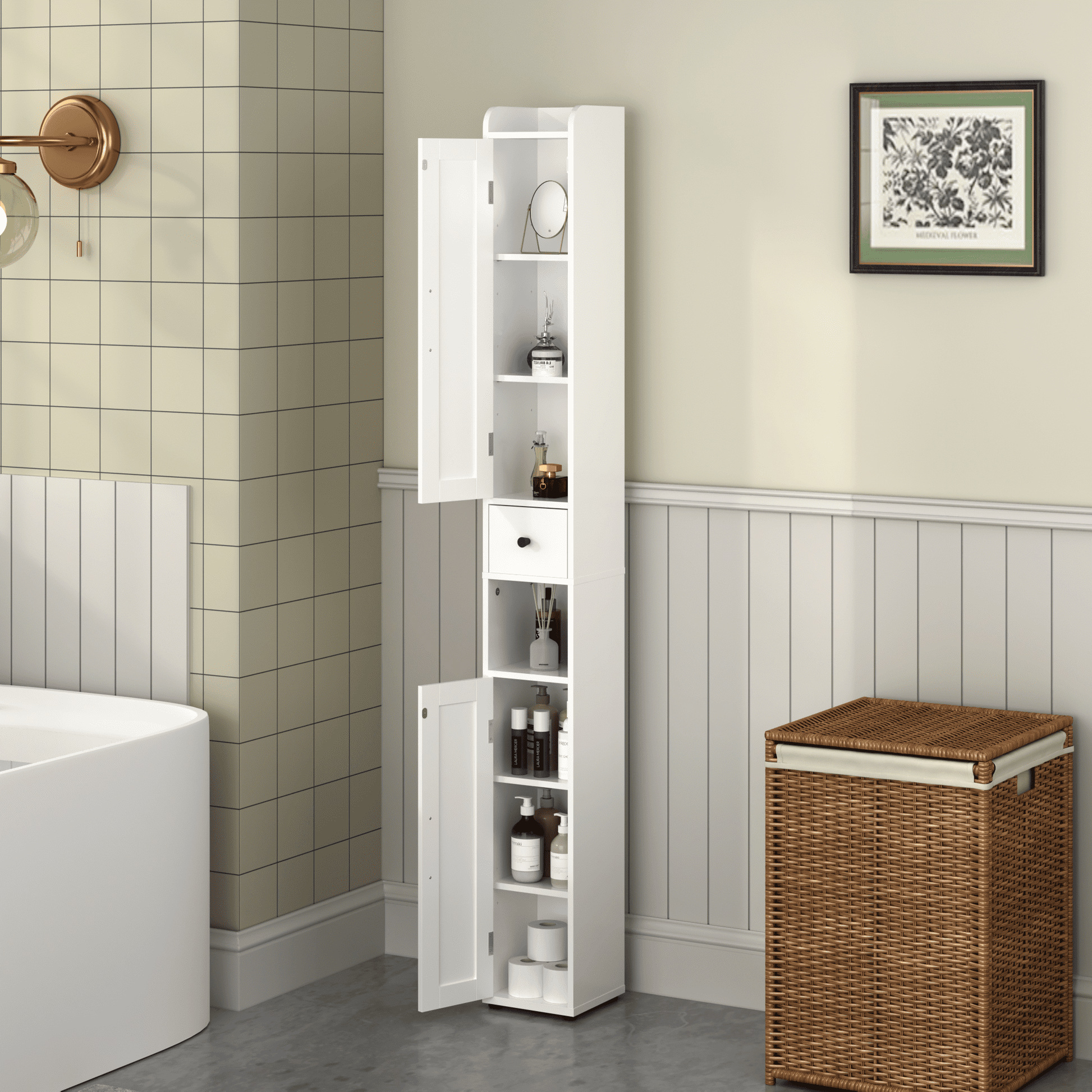 Leumius Bathroom Storage Cabinet,67.51" Tall Narrow Freestanding Cabinet Storage Tower with 2 Door for Small Spaces,Bathroom,White