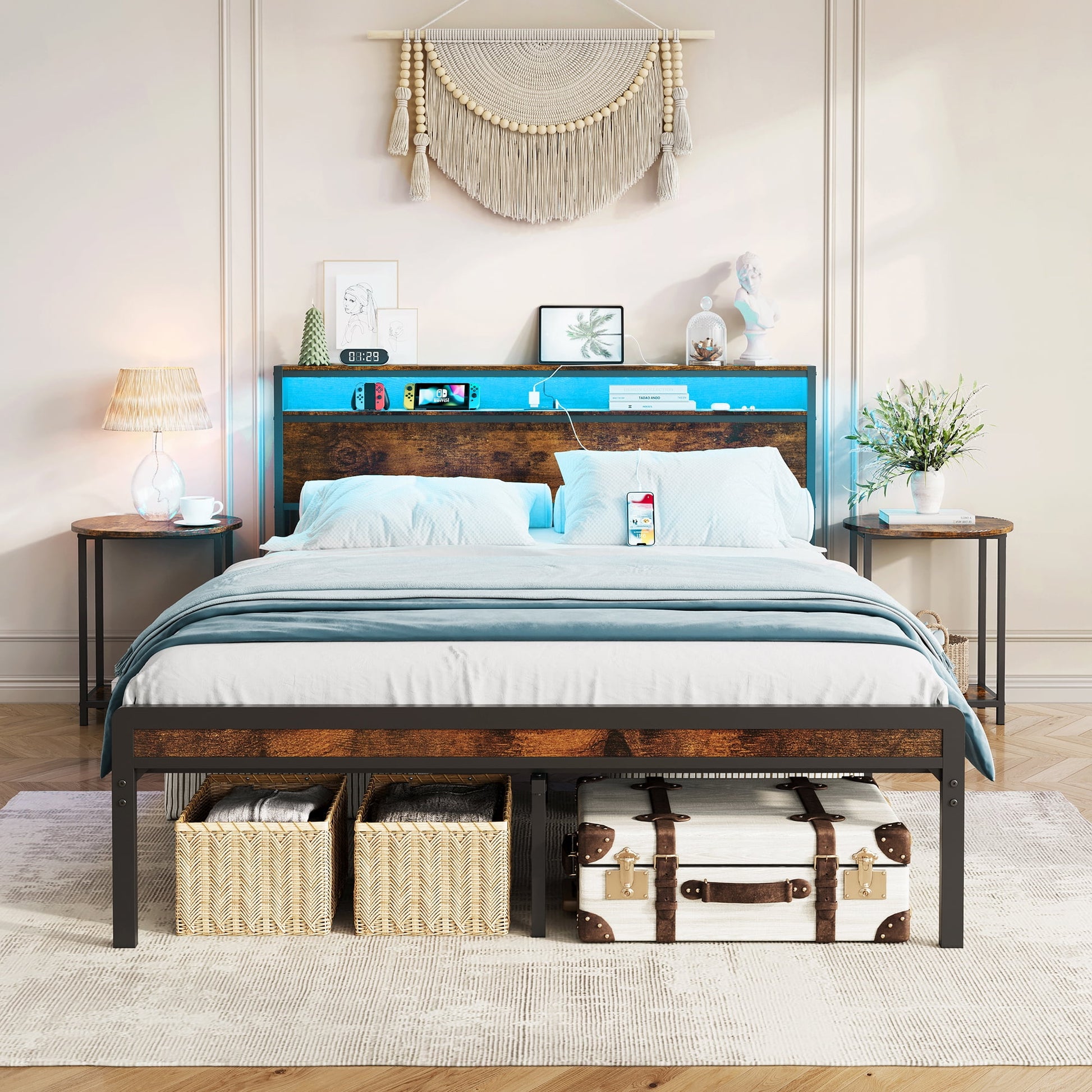Leumius Full Size Bed Frame with Led Lights Storage Headboard,Heavy Duty Metal Bed Frame with Charging Station,Steel Slat Support, Noise Free,Antique Brown