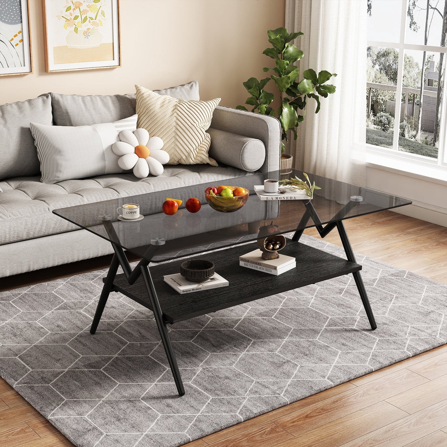 Leumius Glass Coffee Table with Lower Shelf,Clear Rectangle Glass Coffee Table, Modern Coffee Table with Metal Legs for Living Room,Black+Gray