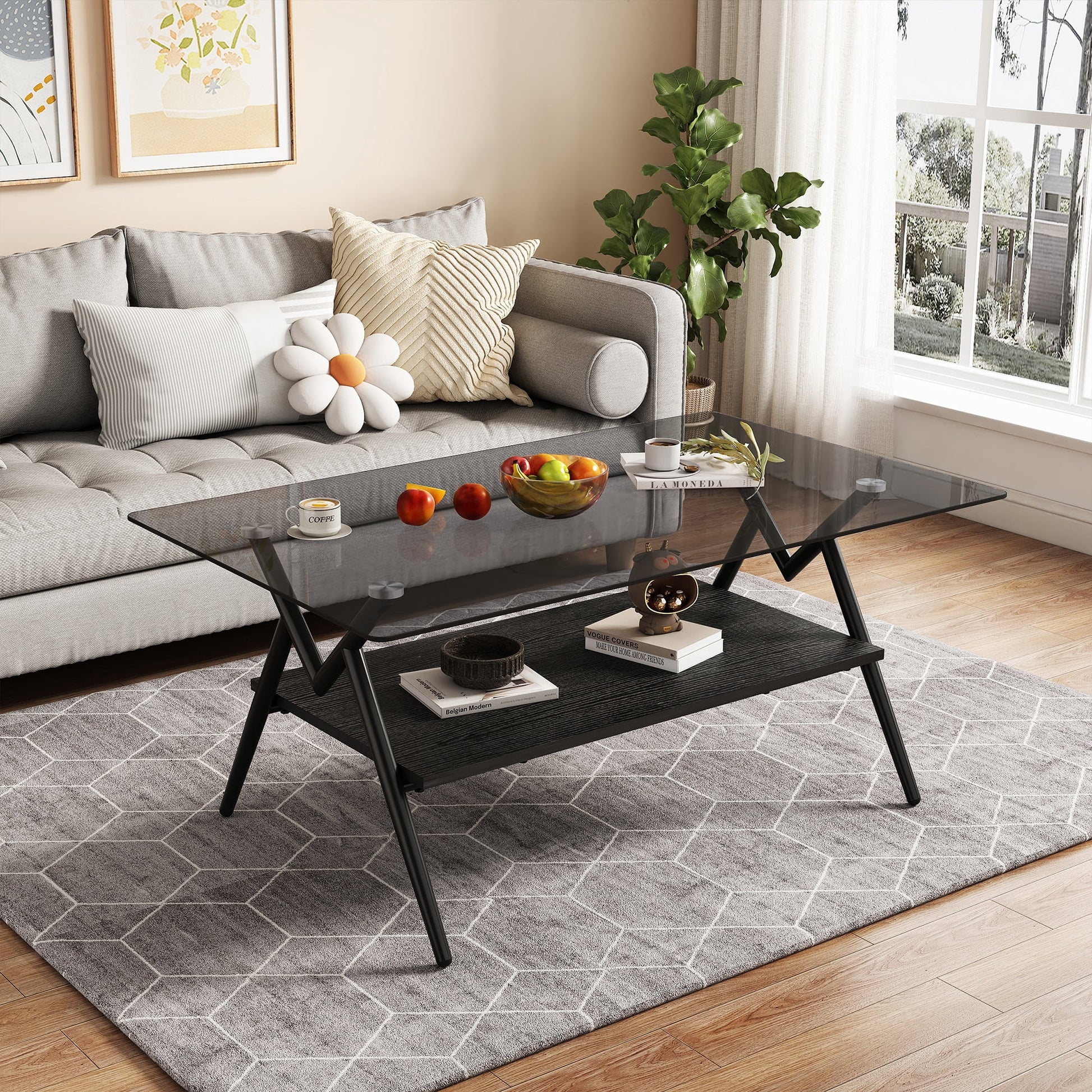 Leumius Glass Coffee Table with Lower Shelf,Clear Rectangle Glass Coffee Table, Modern Coffee Table with Metal Legs for Living Room,Black+Gray