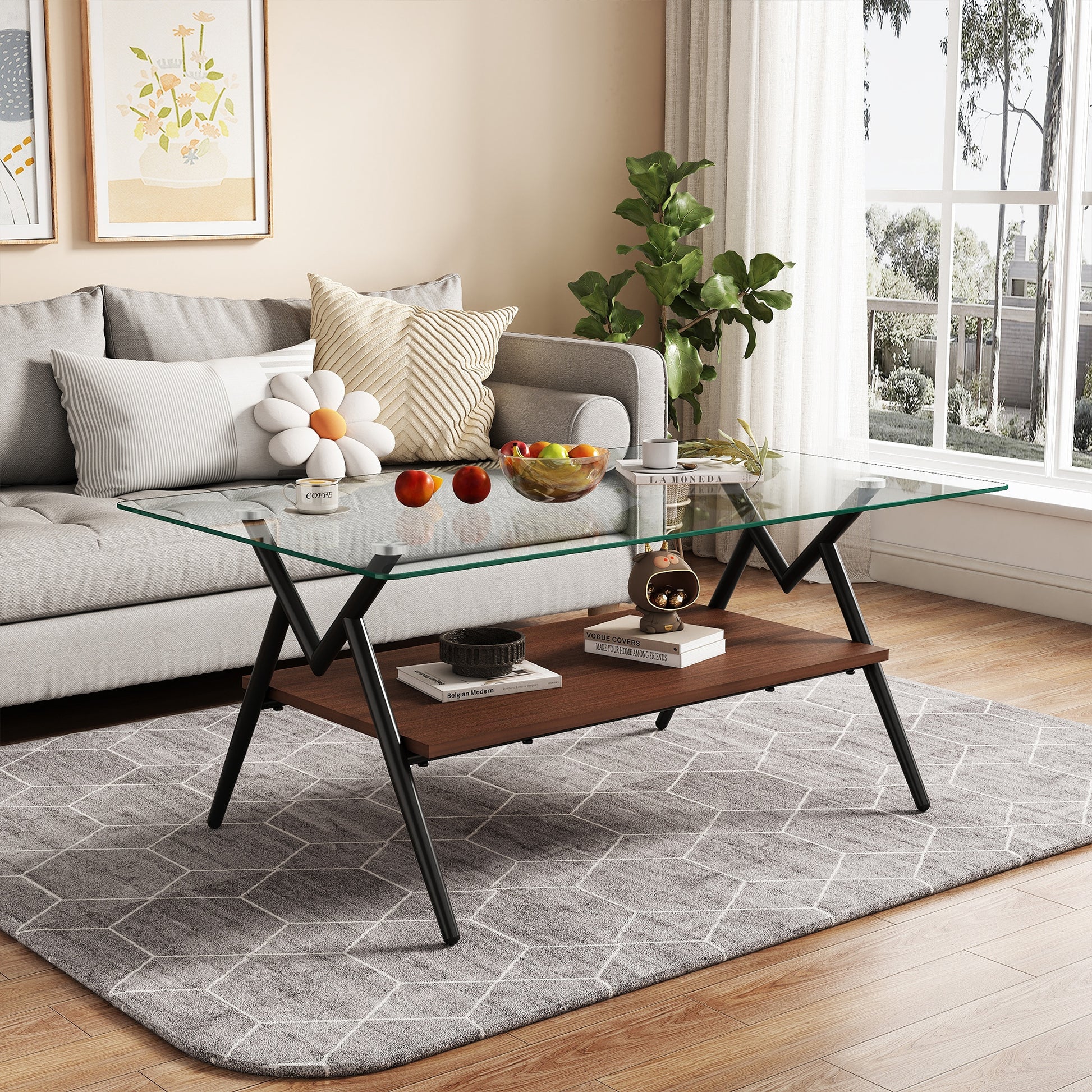 Leumius Glass Coffee Table with Lower Shelf,Clear Rectangle Glass Coffee Table, Modern Coffee Table with Metal Legs for Living Room,Black+Transparent