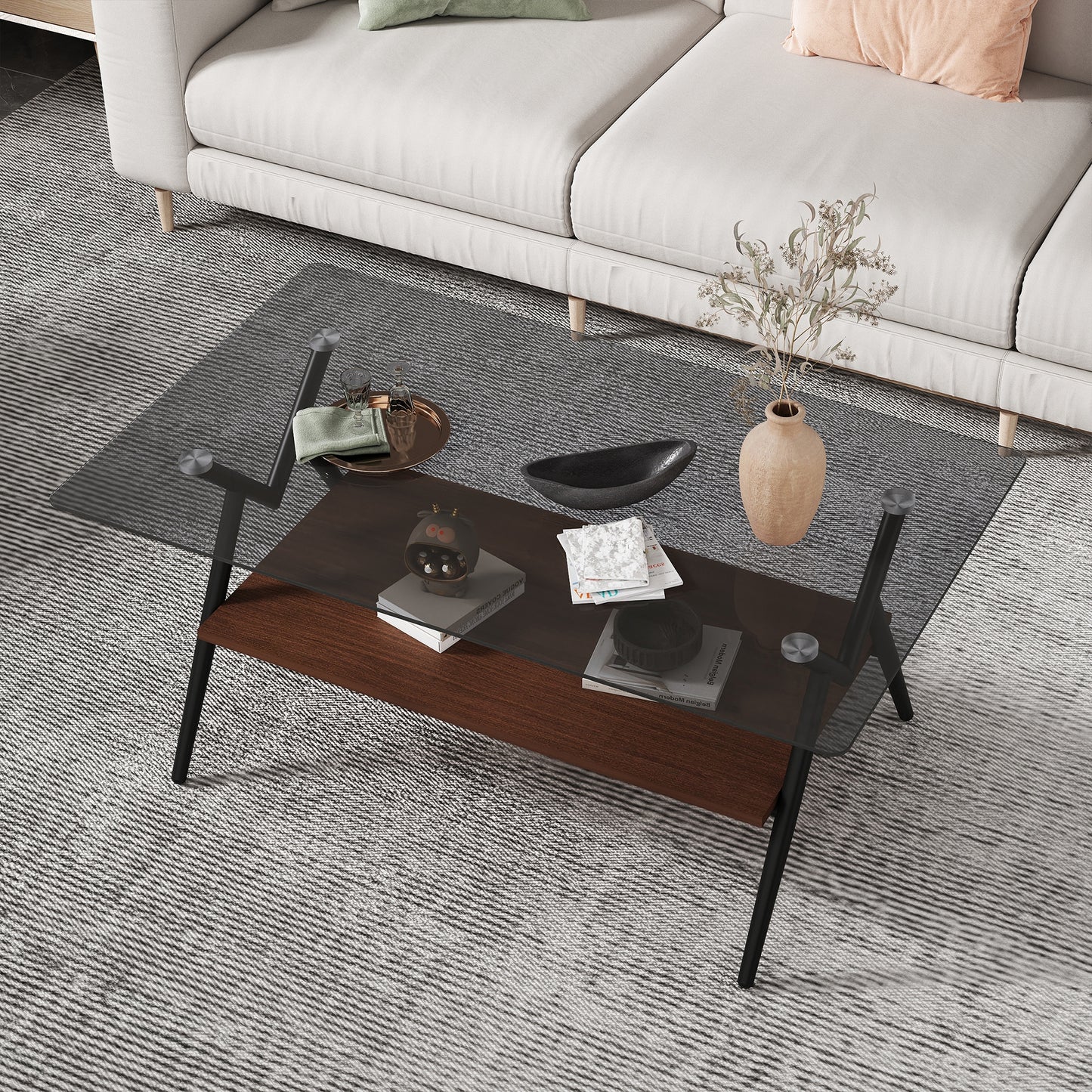 Leumius Glass Coffee Table with Lower Shelf,Clear Rectangle Glass Coffee Table, Modern Coffee Table with Metal Legs for Living Room,Brown +Gray