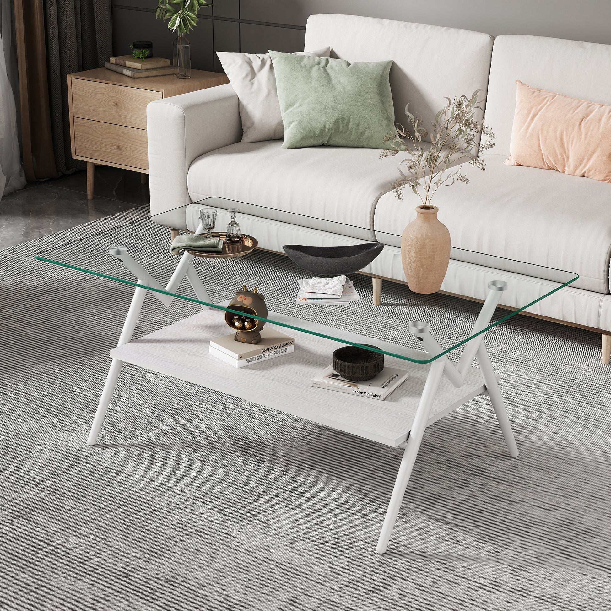 Leumius Glass Coffee Table with Lower Shelf,Clear Rectangle Glass Coffee Table, Modern Coffee Table with Metal Legs for Living Room,White+Transparent