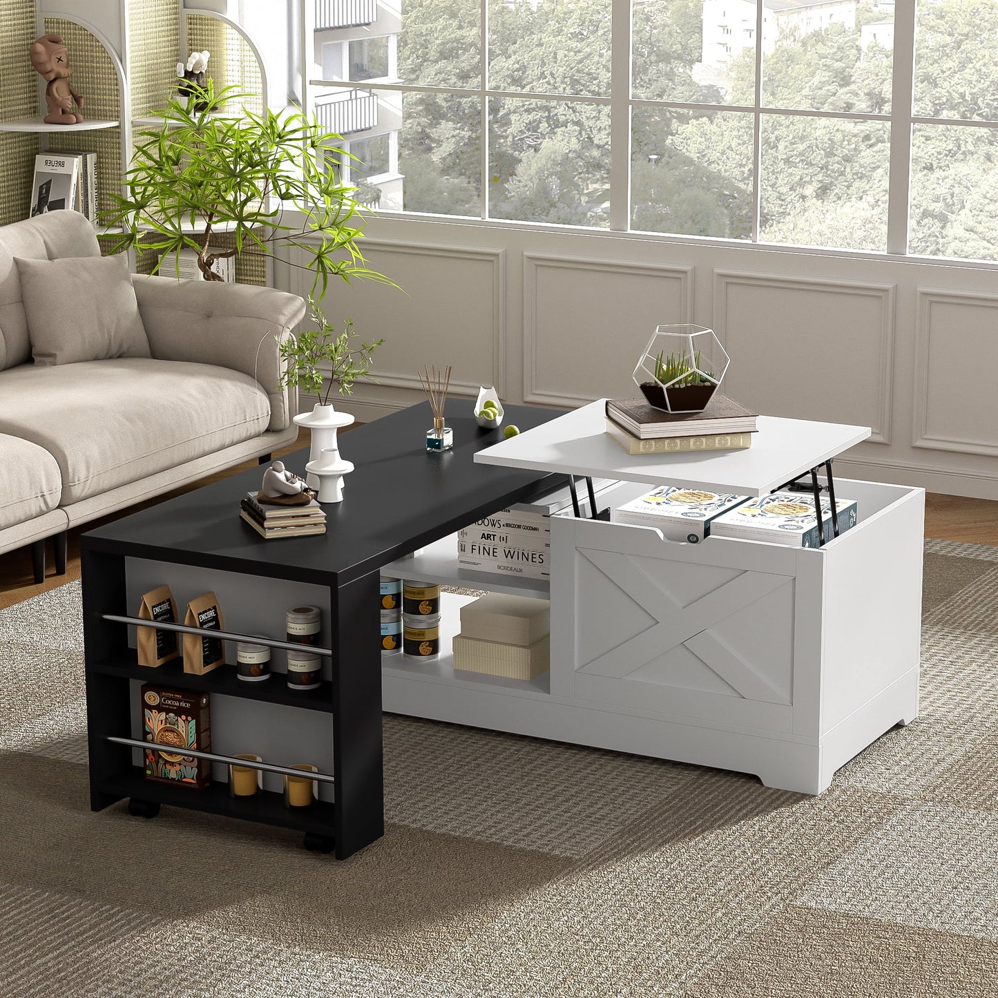 Leumius Lift Top Coffee Table with Storage,Rectangle Wood Center Table With Barn Doors and Open Cabinet, For Living Room, Bedroom, Home Office,White+Black