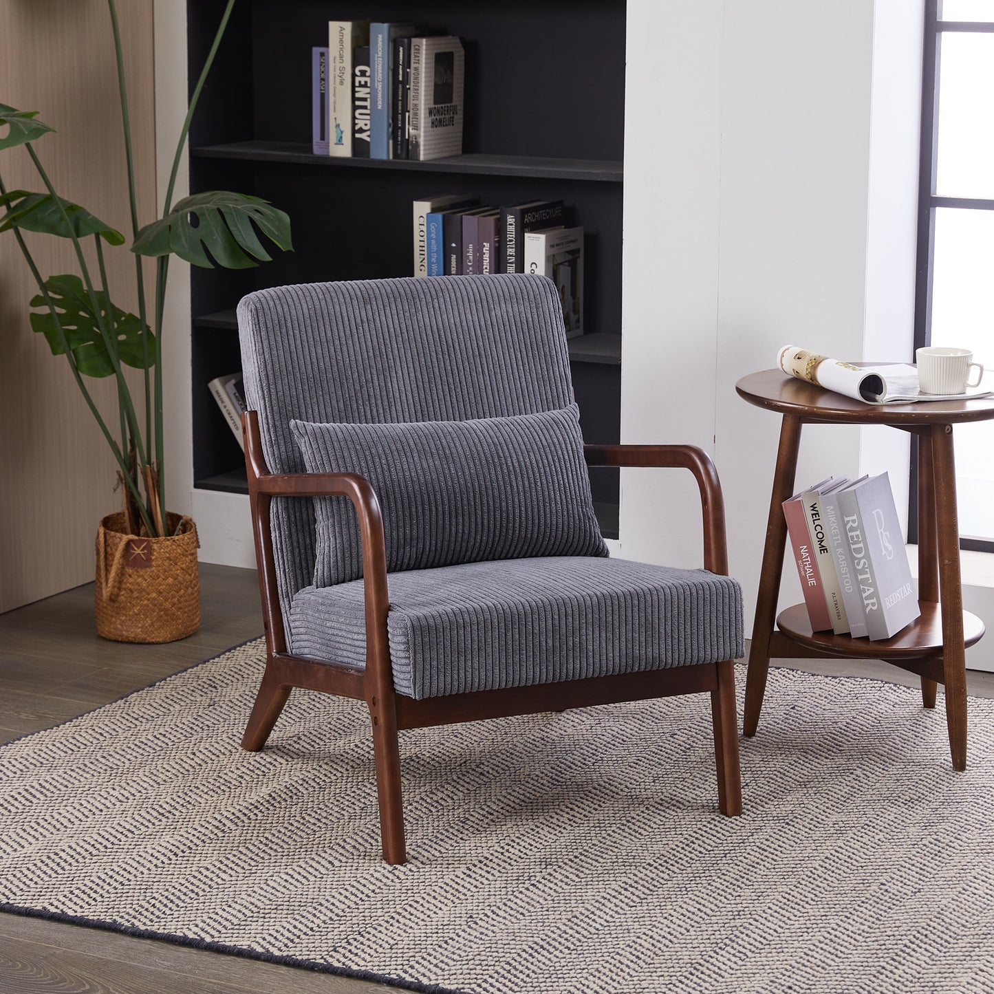 Leumius Modern Arm Chair Upholstered Reading Accent Chair with Pillow & Solid Wood Frame for Living Room Bedroom,Dark Grey