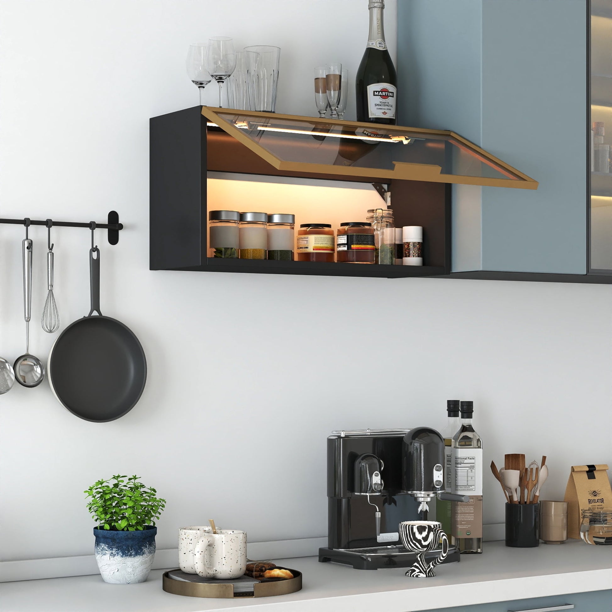 Leumius Spice Rack Wall Mounted Storage Cabinet,Large-Capacity Hanging Kitchen Pantry with Up-Flip Door for Kitchen, Dining Room,Black
