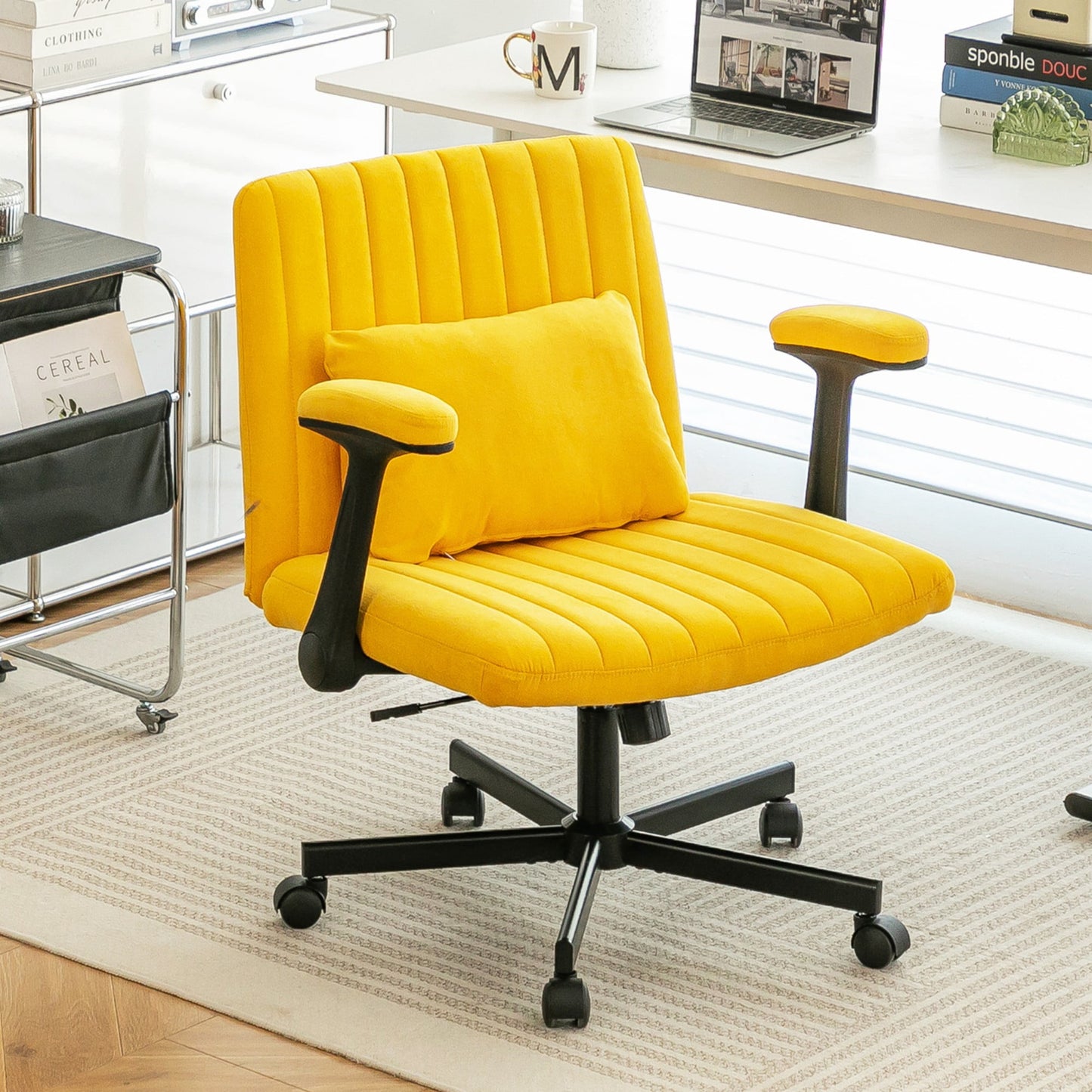 Leumius Velvet Office Chair Criss Cross Legged Chair with Wheels,Reading Chair Vanity Task Desk Chair for Home Office,Blue
