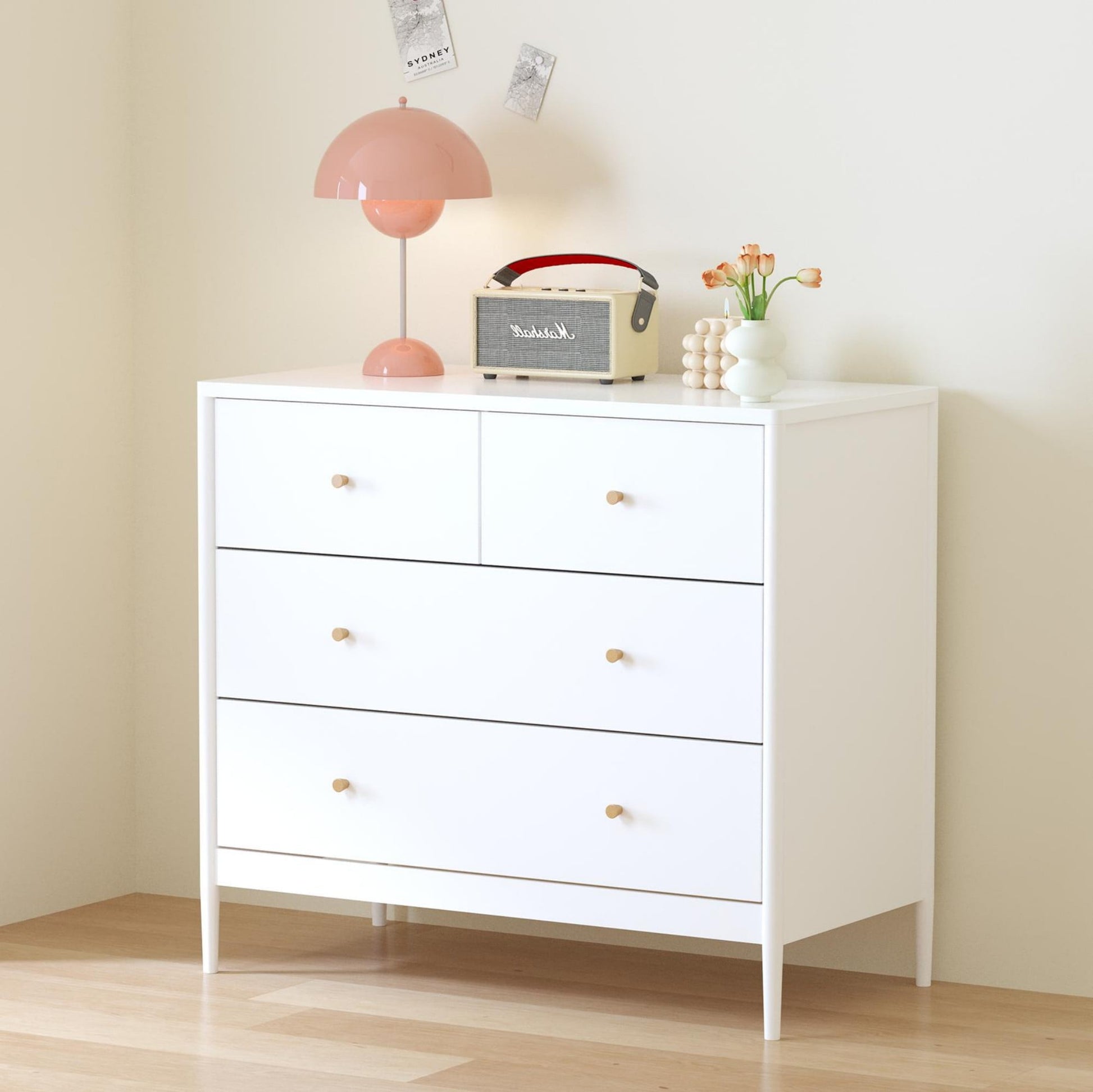 Leumius White 4-Drawer Dresser for Bedroom,35.4" W Wooden Storage Cabinet Nightstand Organizer for Kids Bedroom,Apartment
