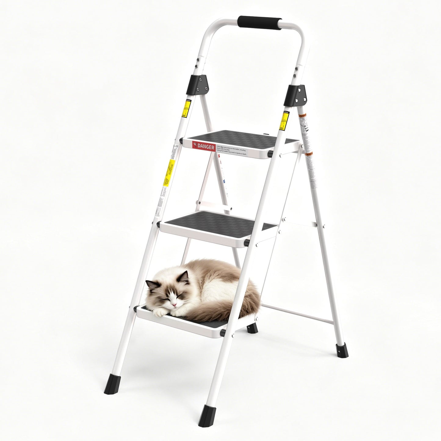 LevLad 3 Step Ladder, Folding Step Stool with Anti-Slip Pedal, Sturdy Steel Ladder, Convenient Handrail, Lightweight, Portable, Black