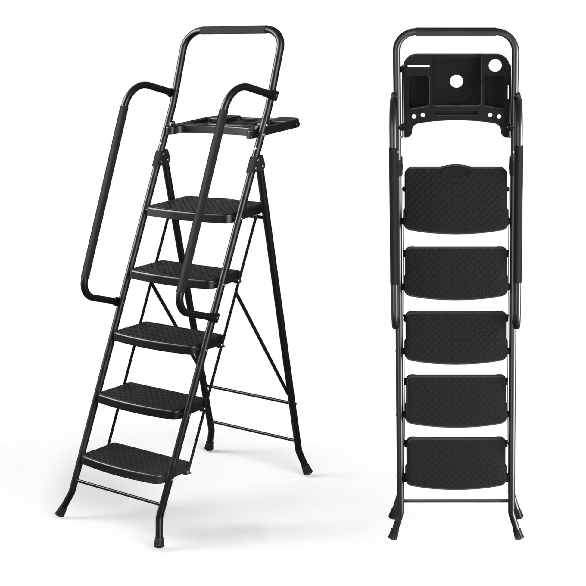 LevLad 5 Step Ladder with Tool Tray, Step Stool with Safety Lock, Non-Skid Wide Steps, Handrails, Household Folding Ladder for Home, Garden, Painting, Outdoor, Garage, Black