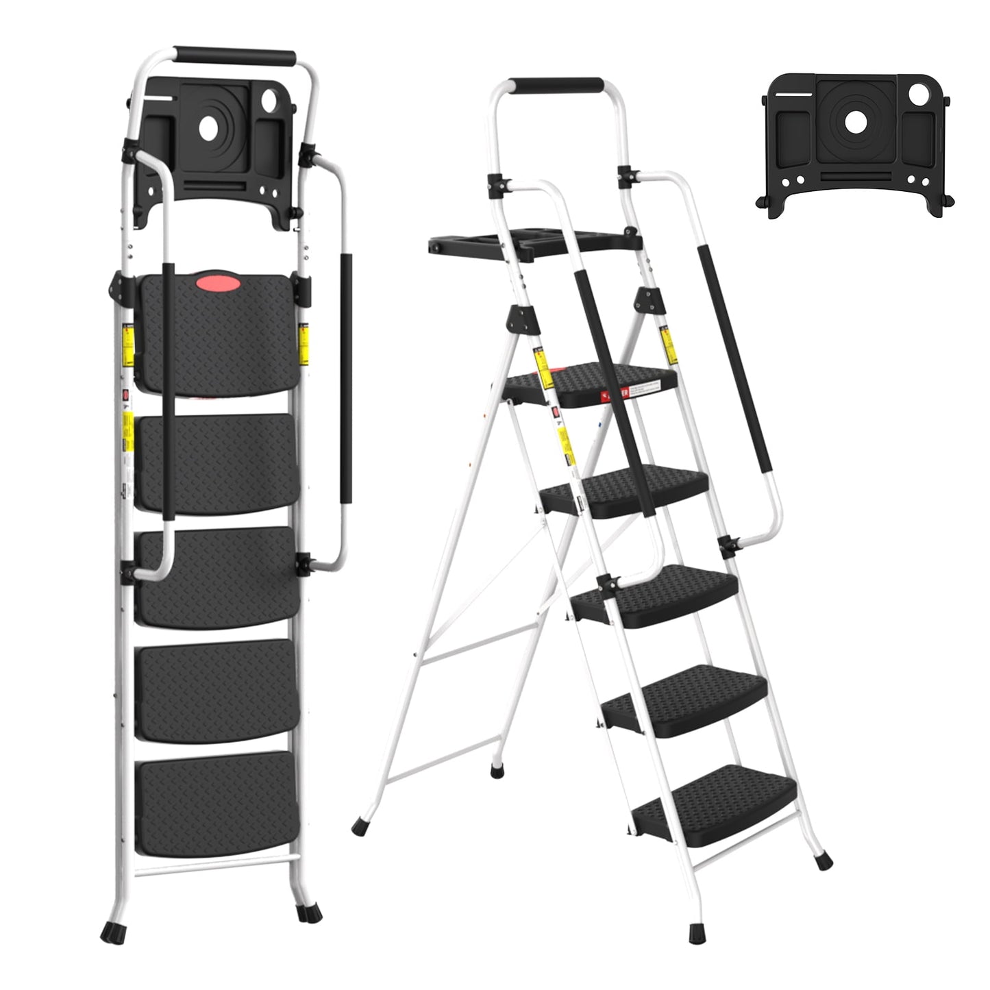 LevLad 5 Step Ladder with Tool Tray, Step Stool with Safety Lock, Non-Skid Wide Steps, Handrails, Household Folding Ladder for Home, Garden, Painting, Outdoor, Garage, White