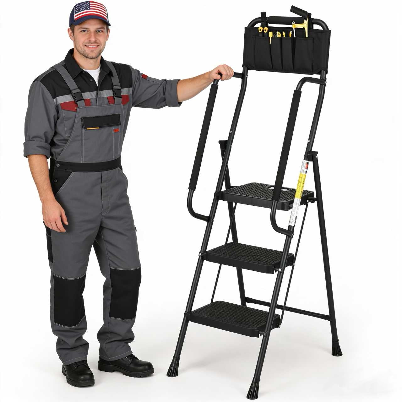 LevLad Folding 3 Step Ladder with Dual Handrails, Tool Bag & Anti-Slip Pedals, Stable Steel Step Stool for Seniors Home Use