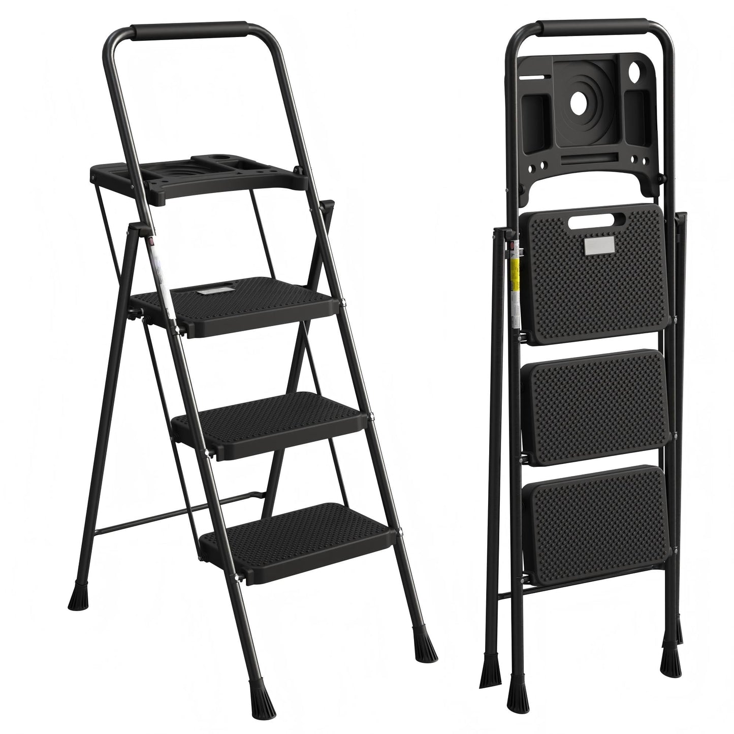 LevLad Folding 3 Step Ladder with Tool Tray & Anti-Slip Pedals, Stable Steel Step Stool for Home Use, Black