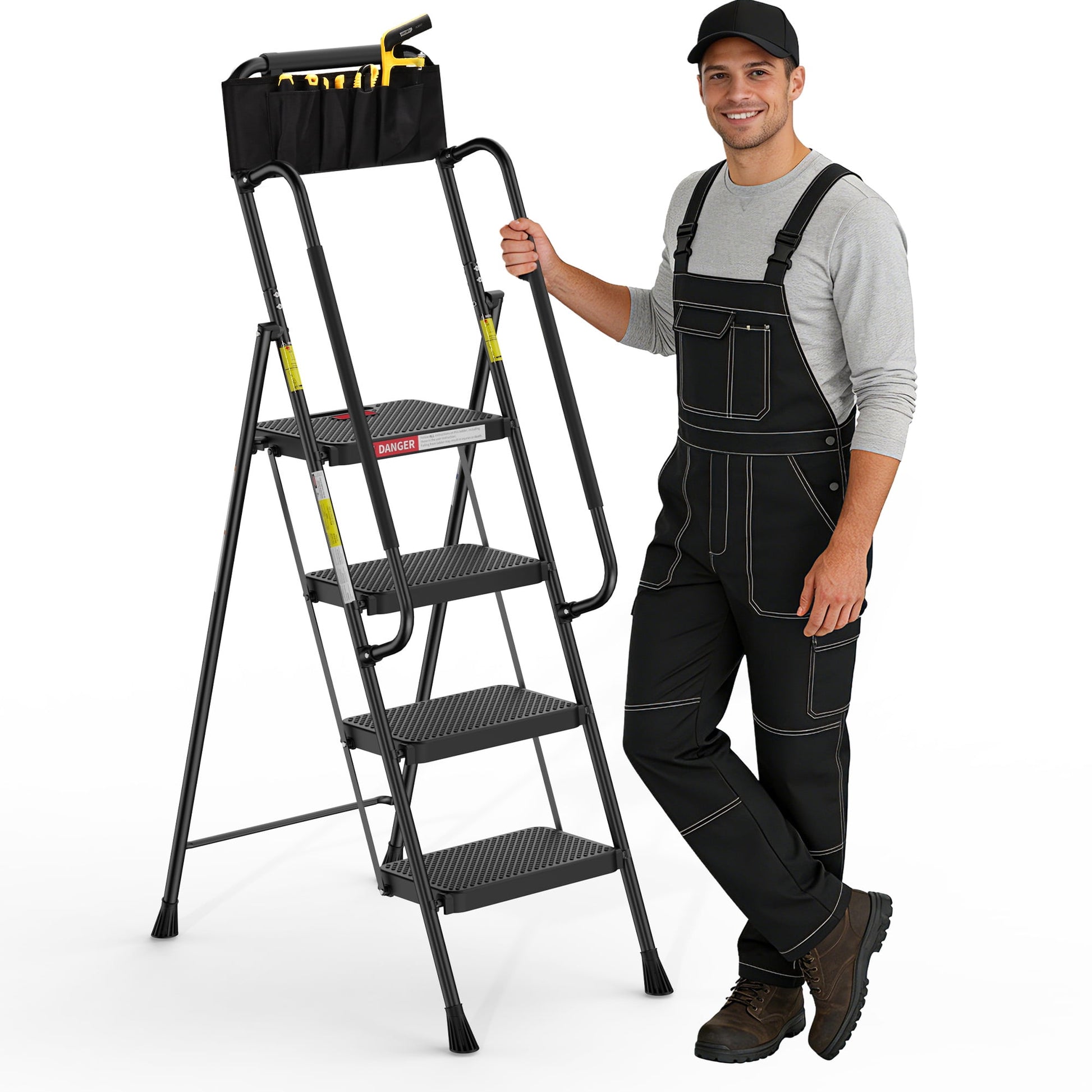 LevLad Folding 4 Step Ladder with Dual Handrails, Tool Bag & Anti-Slip Pedals, Stable Steel Step Stool for Seniors Home Use