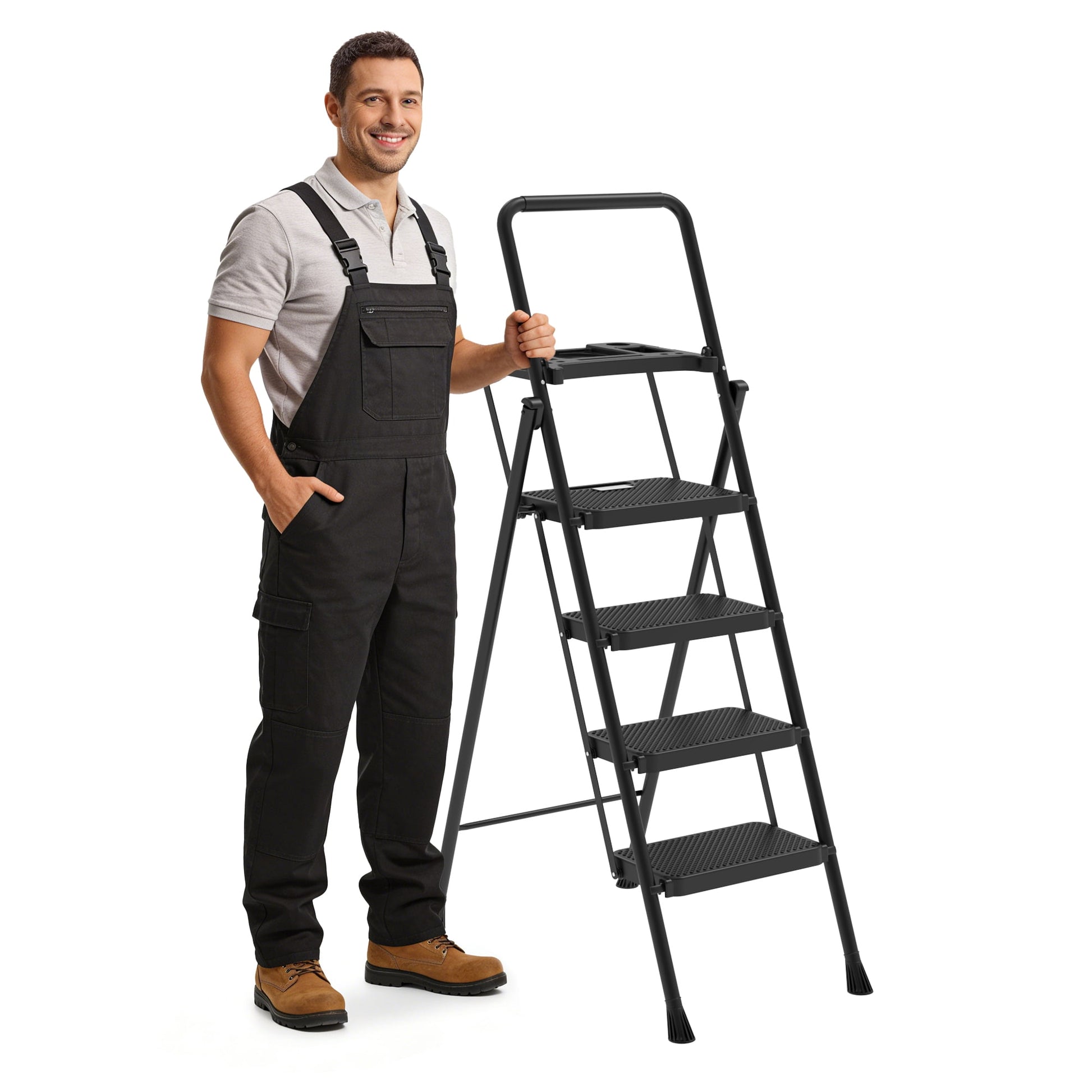 LevLad Folding 4 Step Ladder with Tool Tray & Anti-Slip Pedals, Stable Steel Step Stool for Home Use, Black