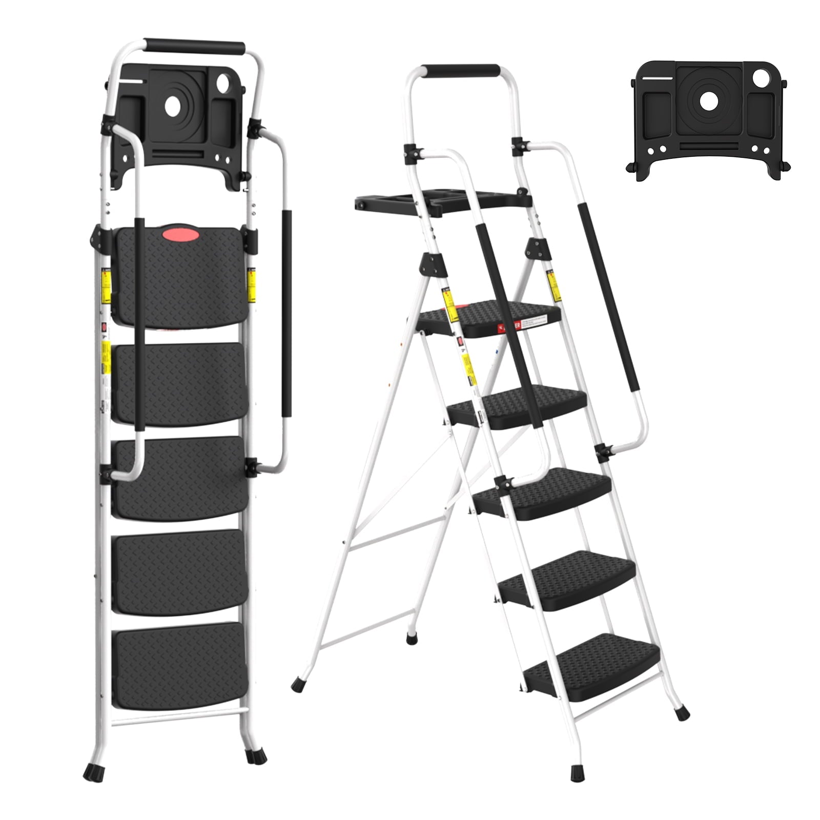 LevLad Folding 5 Step Ladder with Tool Tray & Handrails, 330 lbs Capacity Step Stool with Safety Lock, Non-Skid Wide Steps, White