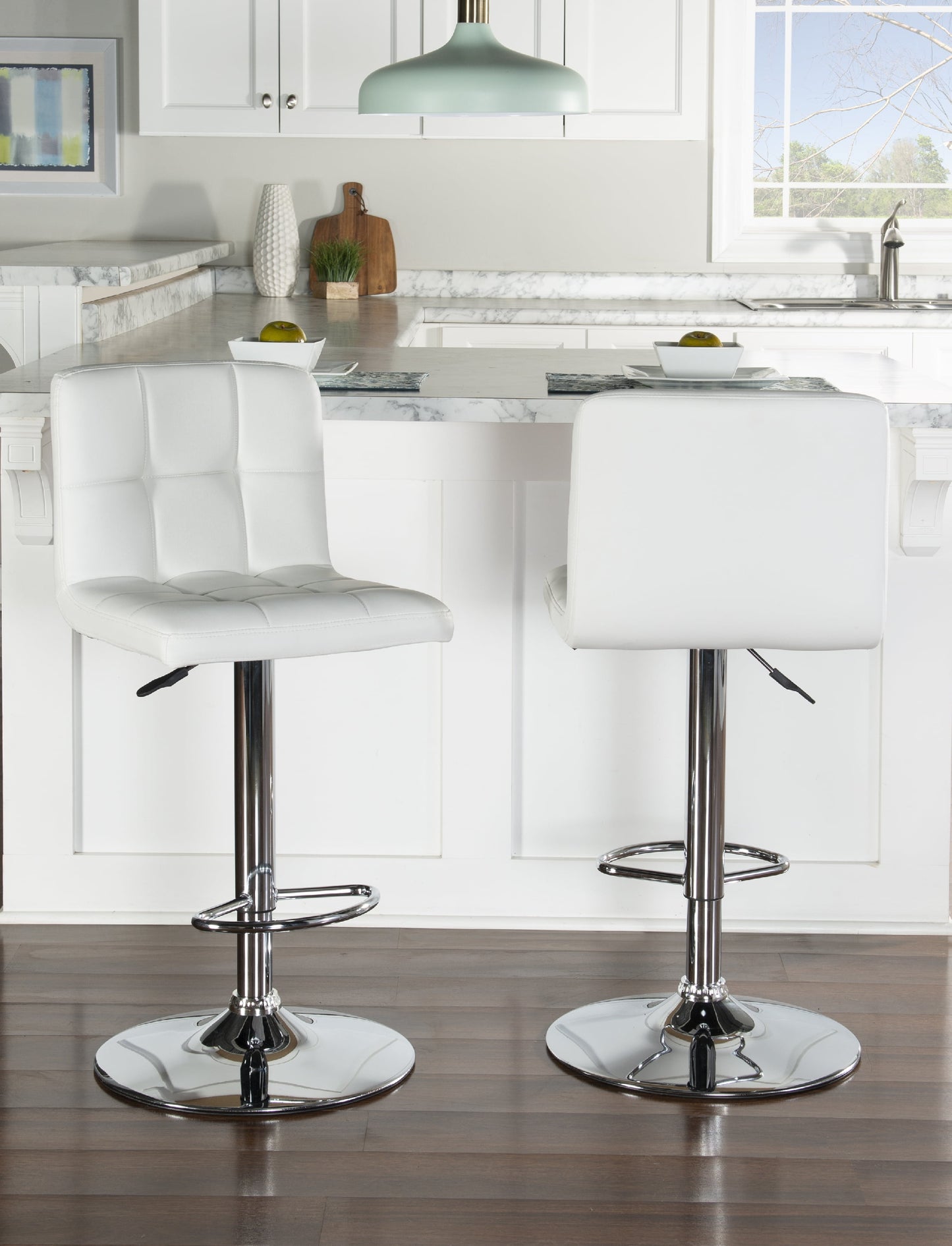 Linon Clayton 24"-32" Gas Lift Adjustable Metal Barstool in White Faux Leather