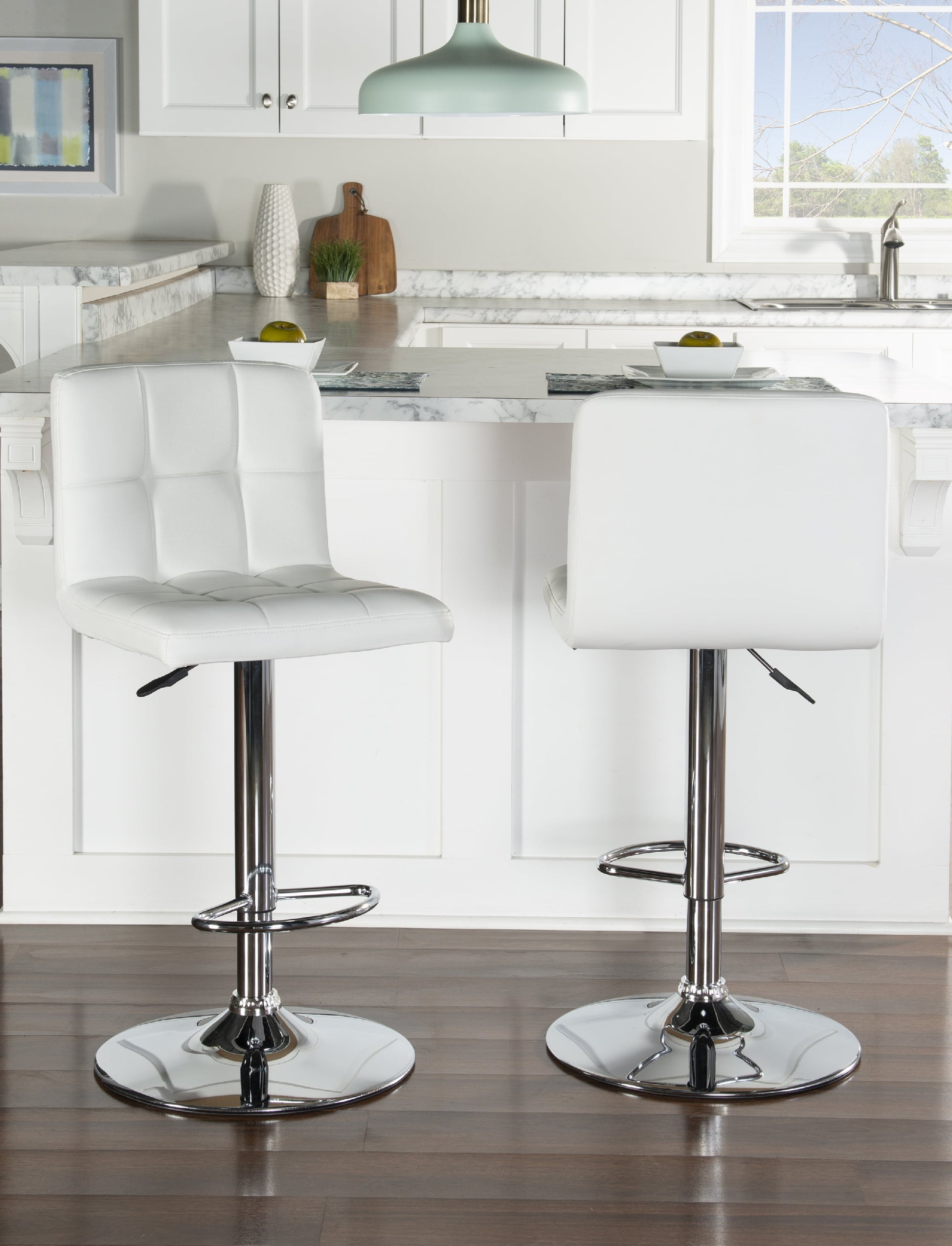 Linon Clayton 24"-32" Gas Lift Adjustable Metal Barstool in White Faux Leather