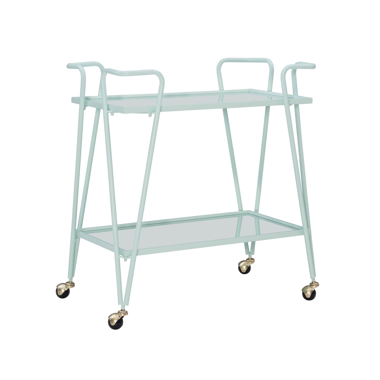 Linon Mia Metal and Mirrored Mid Century 2 Level Rolling Bar Cart in Mint Green