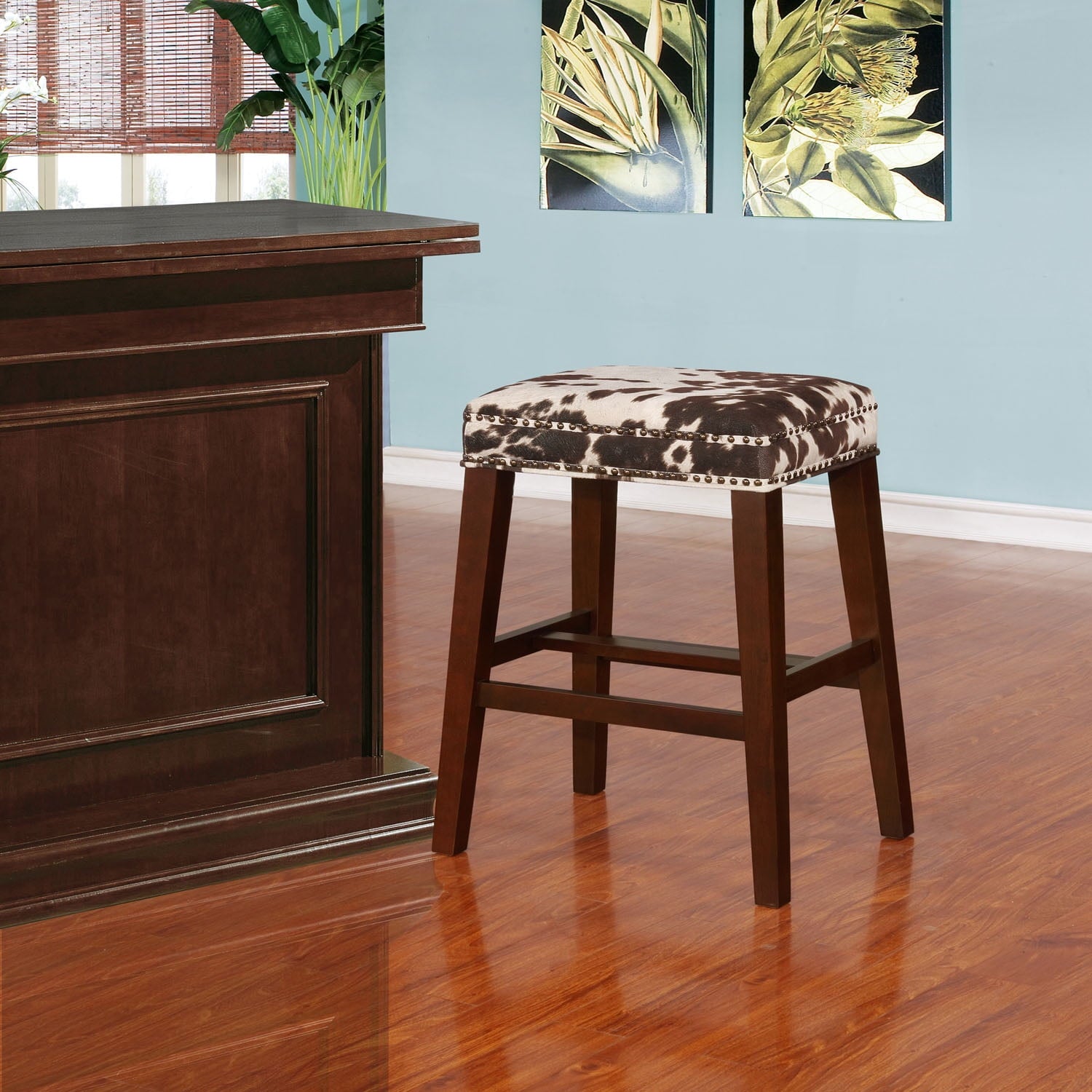 Linon Walt Backless Wood Bar Stool, 30.5" Seat Height, Walnut Finish with Brown Cow Print Fabric