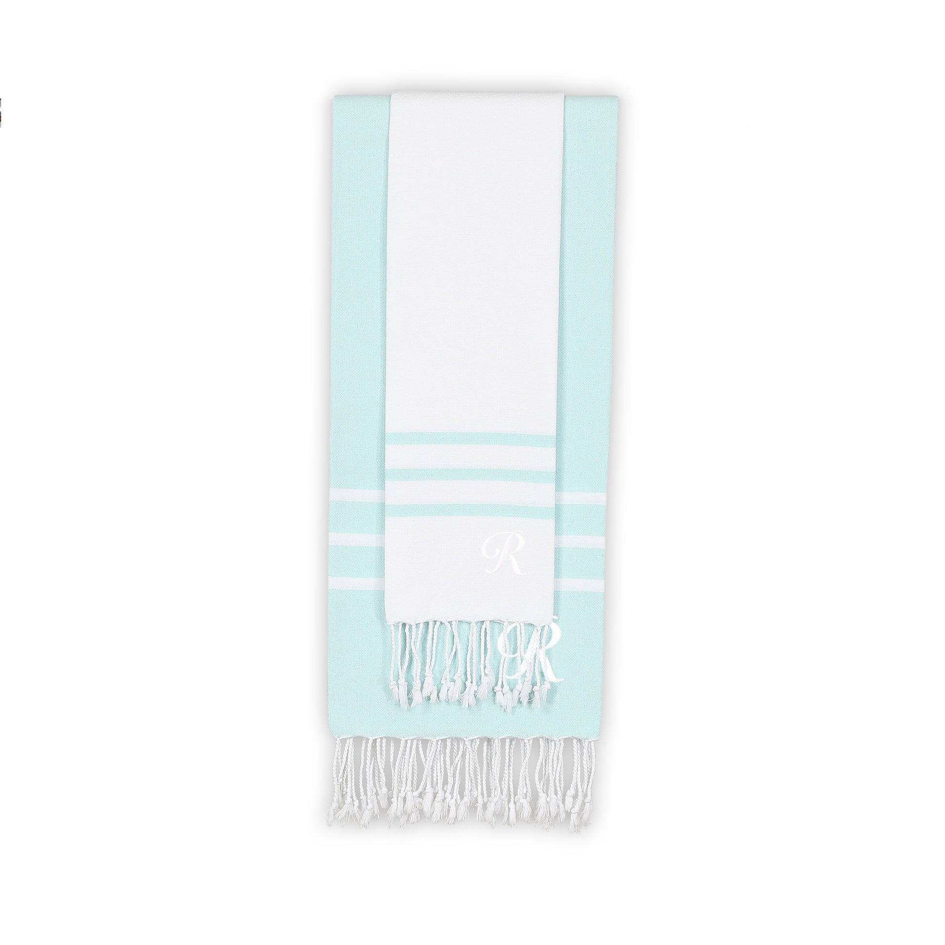 Linum Home Alara 100% Turkish Cotton Monogrammed White and Aqua Pestemal Beach Towel Set