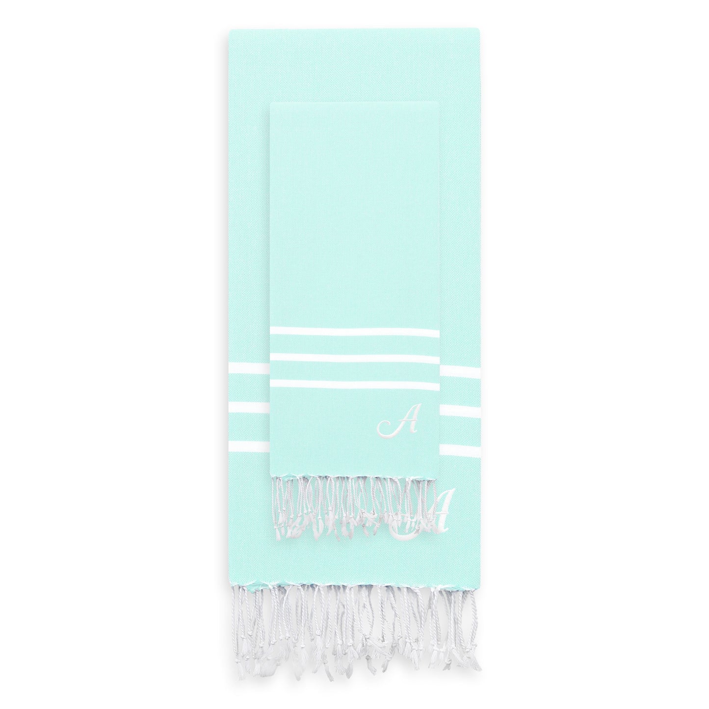 Linum Home Authentic Ella Soft Aqua Monogrammed Pestemal Fouta Turkish Cotton Beach and Head Towel Set (Set of 2) A