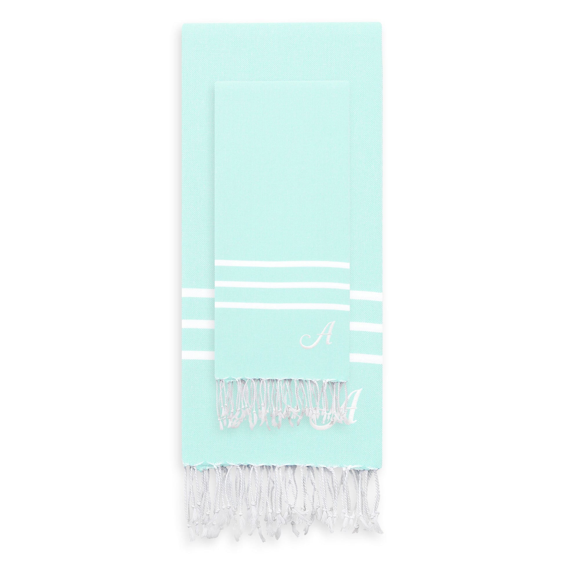 Linum Home Authentic Ella Soft Aqua Monogrammed Pestemal Fouta Turkish Cotton Beach and Head Towel Set (Set of 2) A