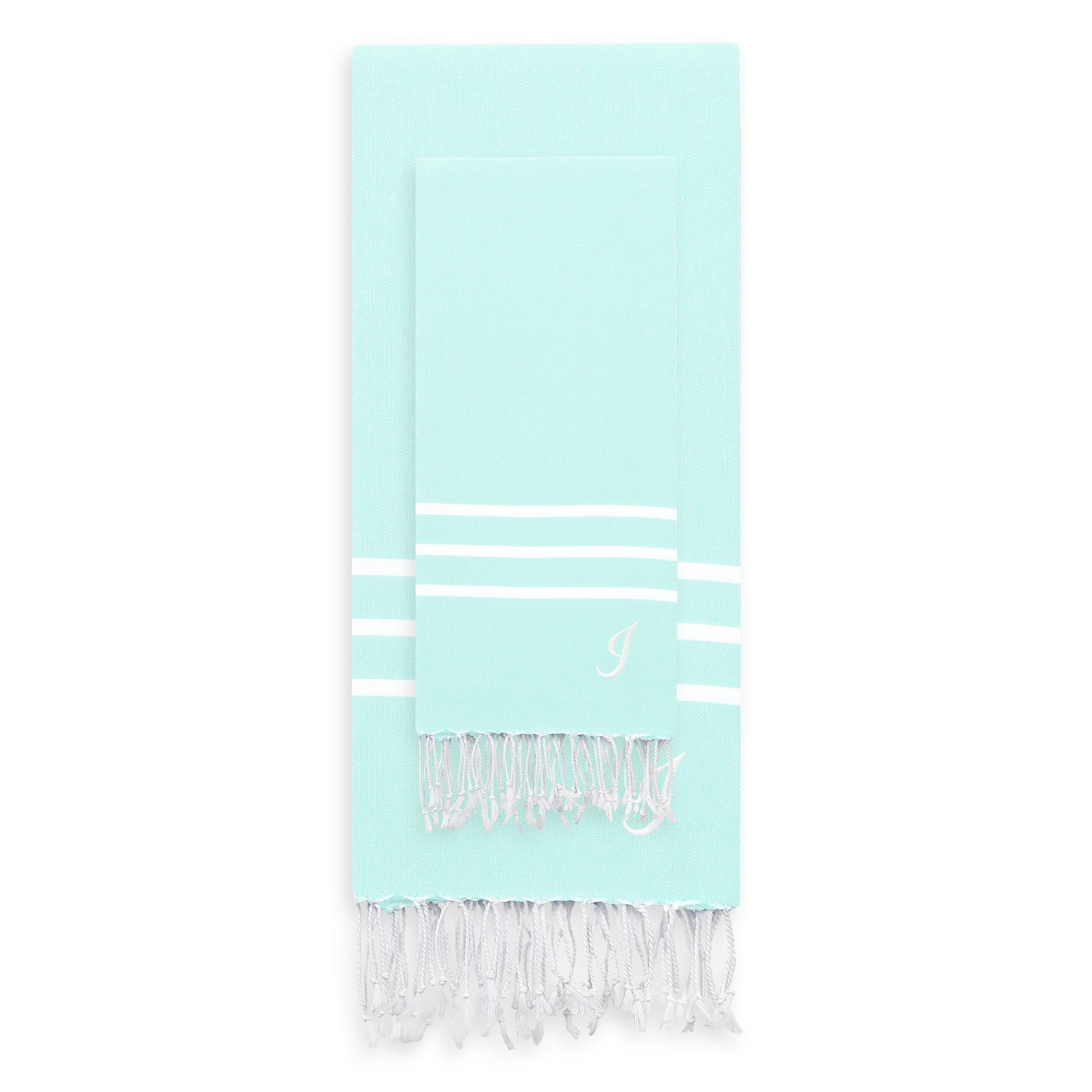 Linum Home Authentic Ella Soft Aqua Monogrammed Pestemal Fouta Turkish Cotton Beach and Head Towel Set (Set of 2) I