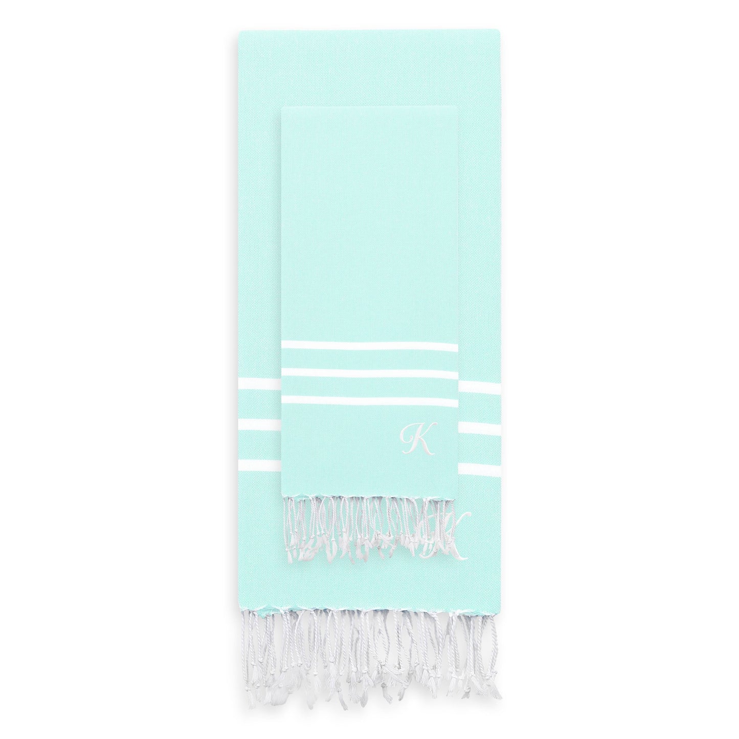 Linum Home Authentic Ella Soft Aqua Monogrammed Pestemal Fouta Turkish Cotton Beach and Head Towel Set (Set of 2) K