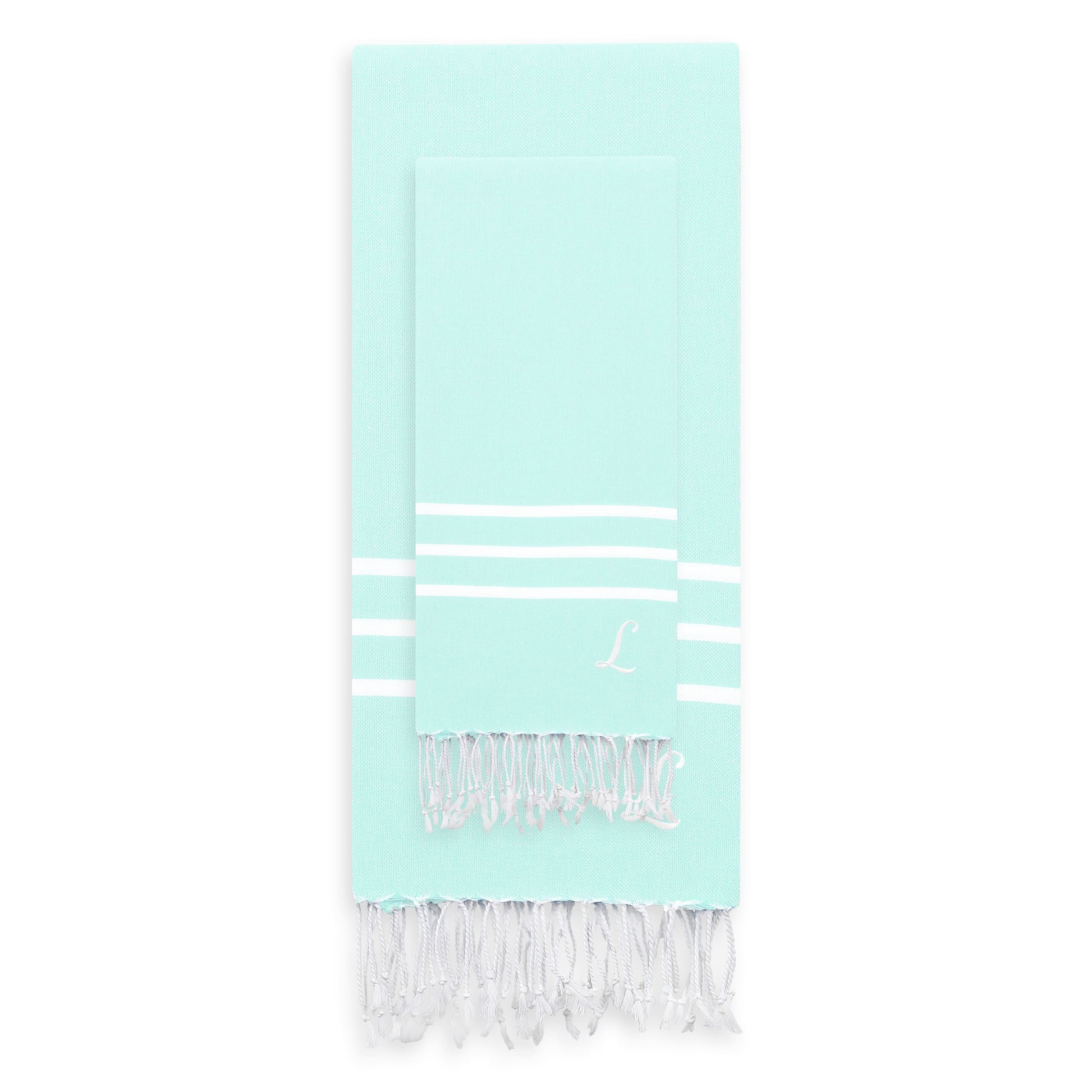Linum Home Authentic Ella Soft Aqua Monogrammed Pestemal Fouta Turkish Cotton Beach and Head Towel Set (Set of 2) L
