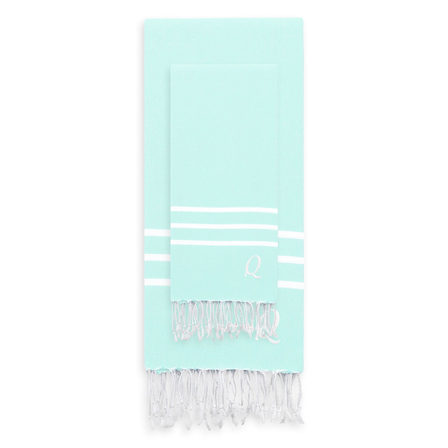 Linum Home Authentic Ella Soft Aqua Monogrammed Pestemal Fouta Turkish Cotton Beach and Head Towel Set (Set of 2) Q