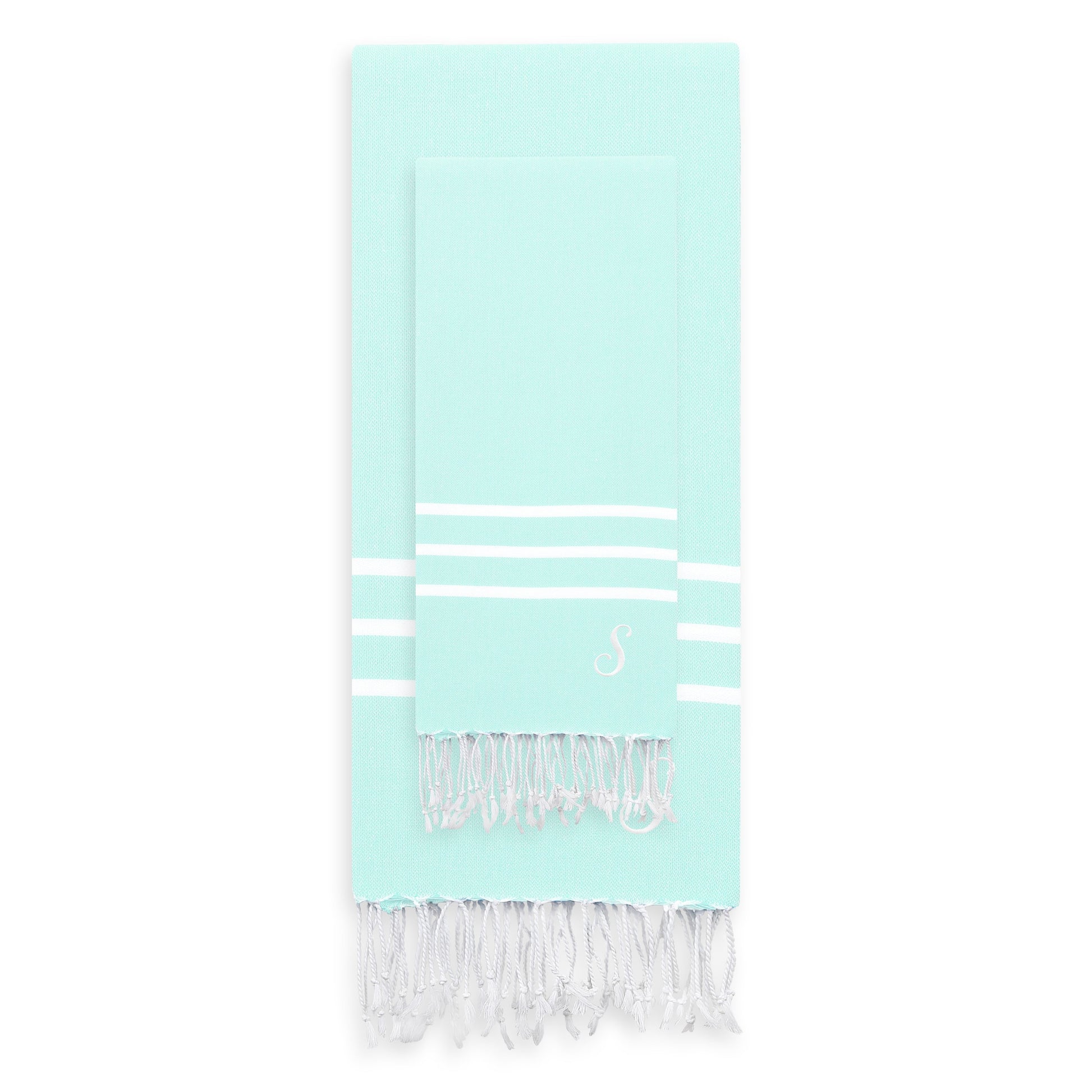 Linum Home Authentic Ella Soft Aqua Monogrammed Pestemal Fouta Turkish Cotton Beach and Head Towel Set (Set of 2) S