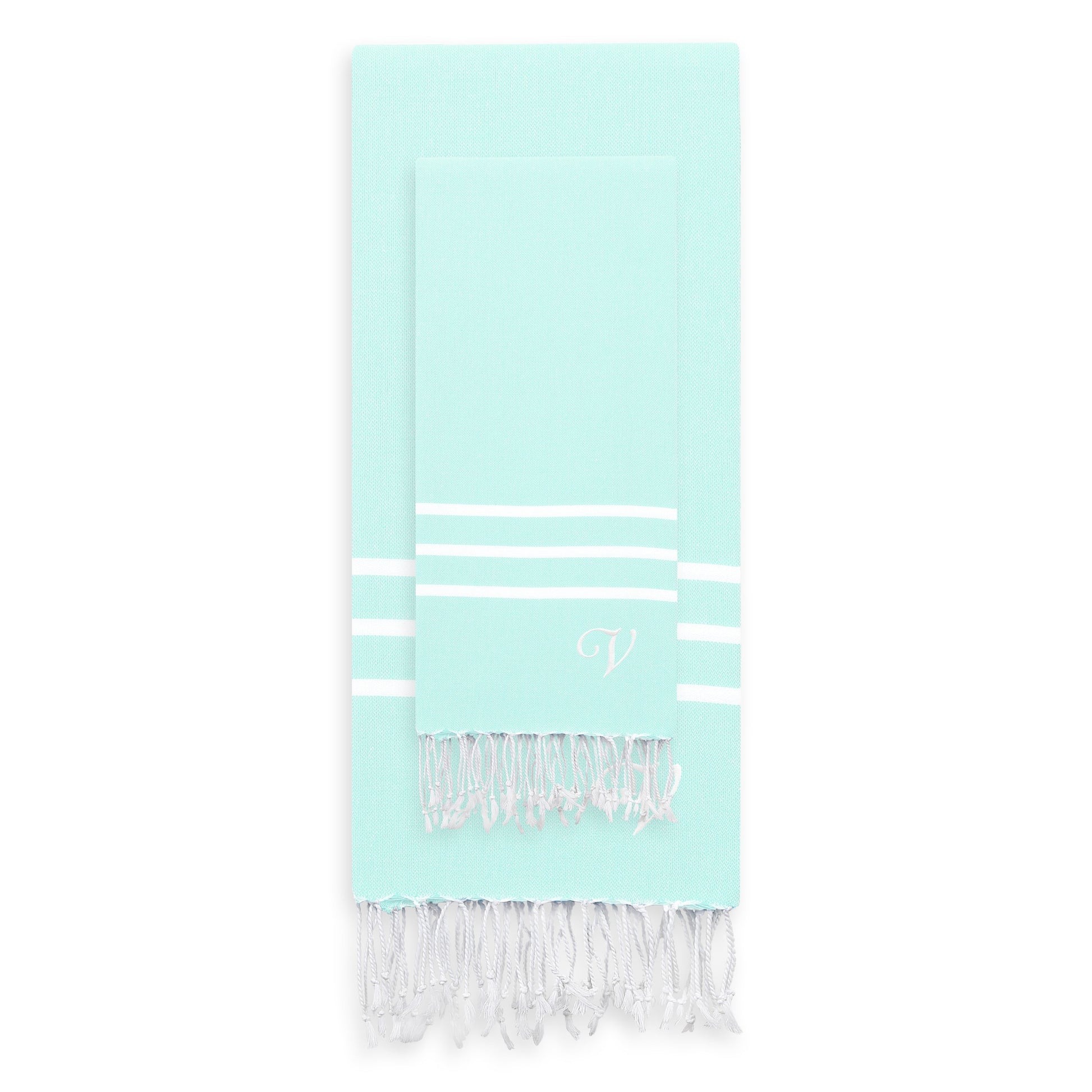 Linum Home AutÃ©ntica Ella Suave Aqua con Monograma Pestemal Fouta AlgodÃ³n Turco Juego de Toallas de Playa y Cabeza (Juego de 2) V